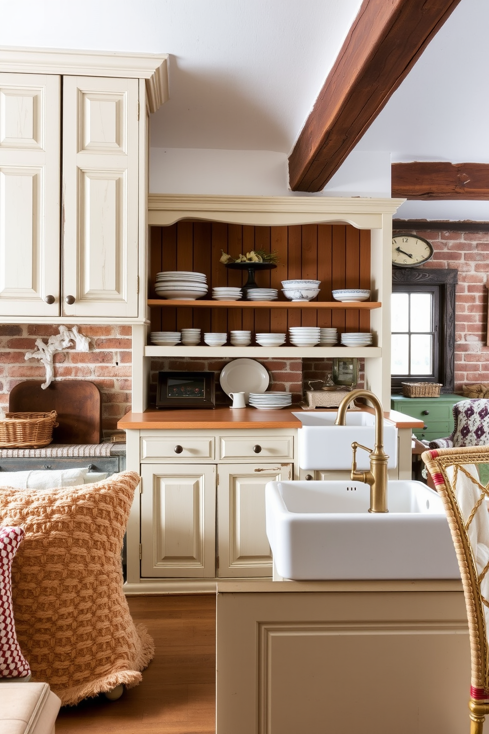 Cottage-style cabinetry in the kitchen features soft pastel colors and intricate woodwork. Open shelves display vintage dishware, while a farmhouse sink is complemented by a brushed brass faucet. The rustic apartment design incorporates exposed wooden beams and reclaimed brick walls. Cozy textiles and a mix of antique furniture create a warm, inviting atmosphere.