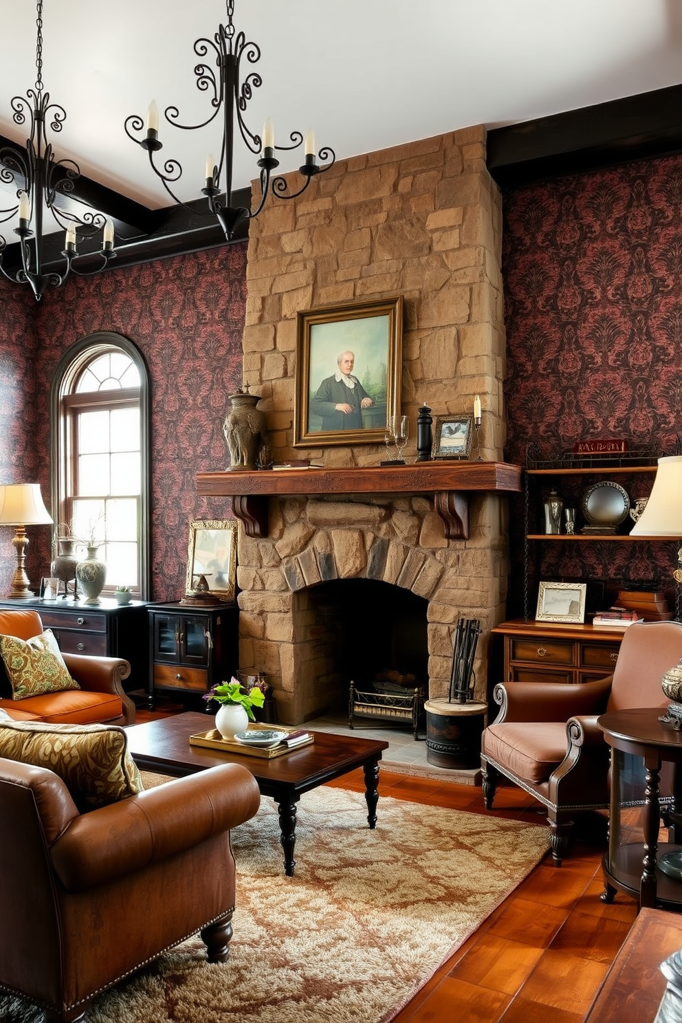 Old-world charm with wrought iron accents. Imagine a cozy living room featuring a large stone fireplace with a rustic wooden mantel, surrounded by vintage furniture pieces that exude warmth and character. The walls are adorned with rich, textured wallpaper in deep hues, complemented by wrought iron light fixtures that add elegance. A plush area rug anchors the space, while antique decor items are thoughtfully arranged on shelves and tables, enhancing the inviting atmosphere.