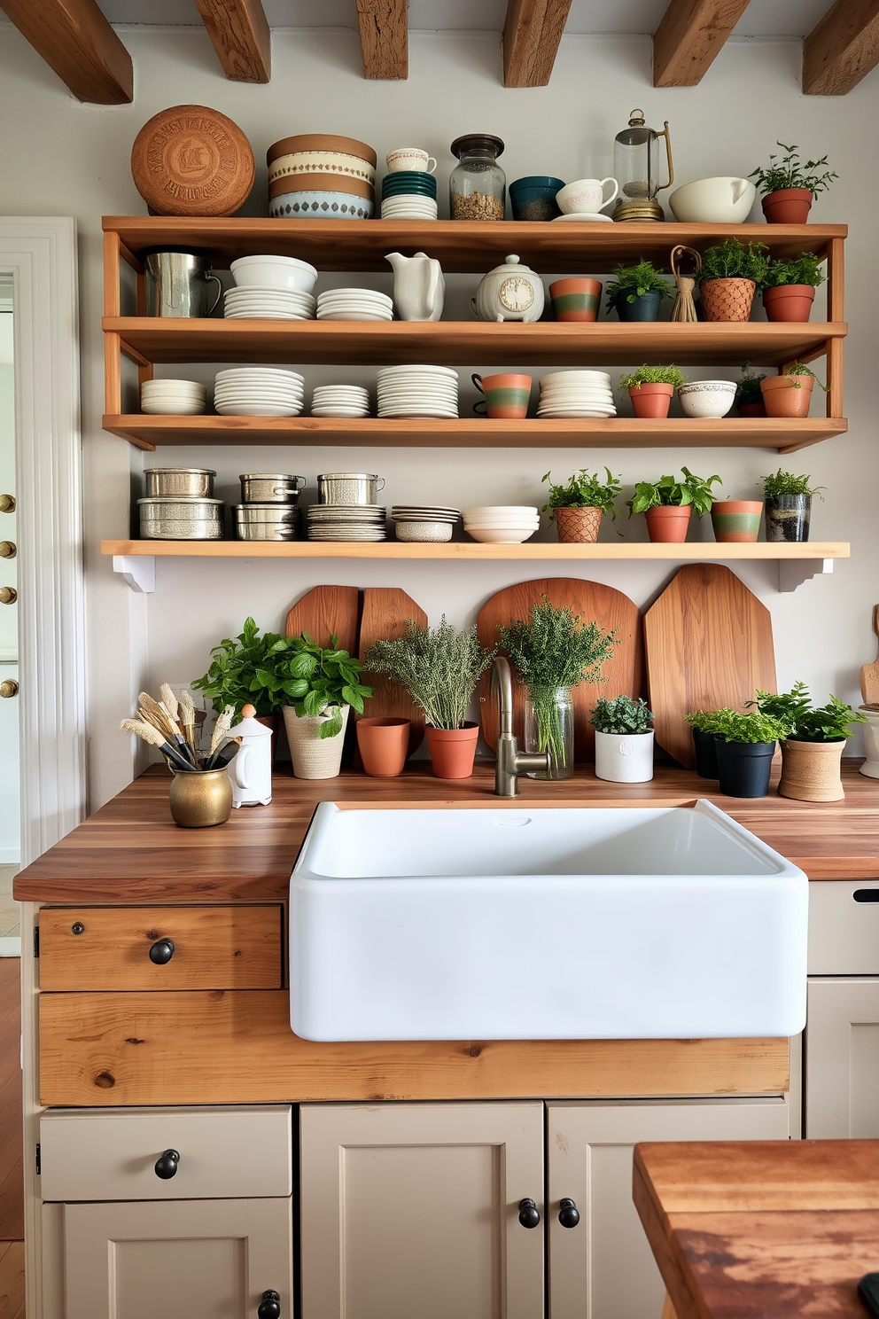 A charming rustic apartment featuring a large farm-style sink made of white porcelain set against a reclaimed wood countertop. The kitchen area boasts open shelving filled with vintage dishware and potted herbs, creating a warm and inviting atmosphere.