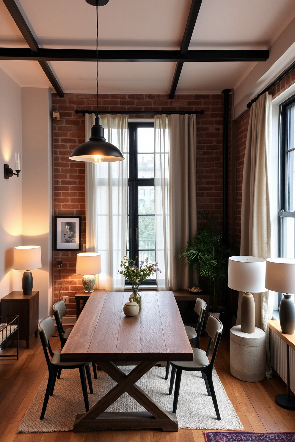 Layered lighting creates an inviting ambiance in a rustic apartment. Warm pendant lights hang low over a reclaimed wood dining table, while wall sconces cast a soft glow on exposed brick walls. Natural light filters through large windows adorned with sheer linen curtains, enhancing the cozy atmosphere. A mix of table lamps and floor lamps in various textures adds depth and warmth to the space.