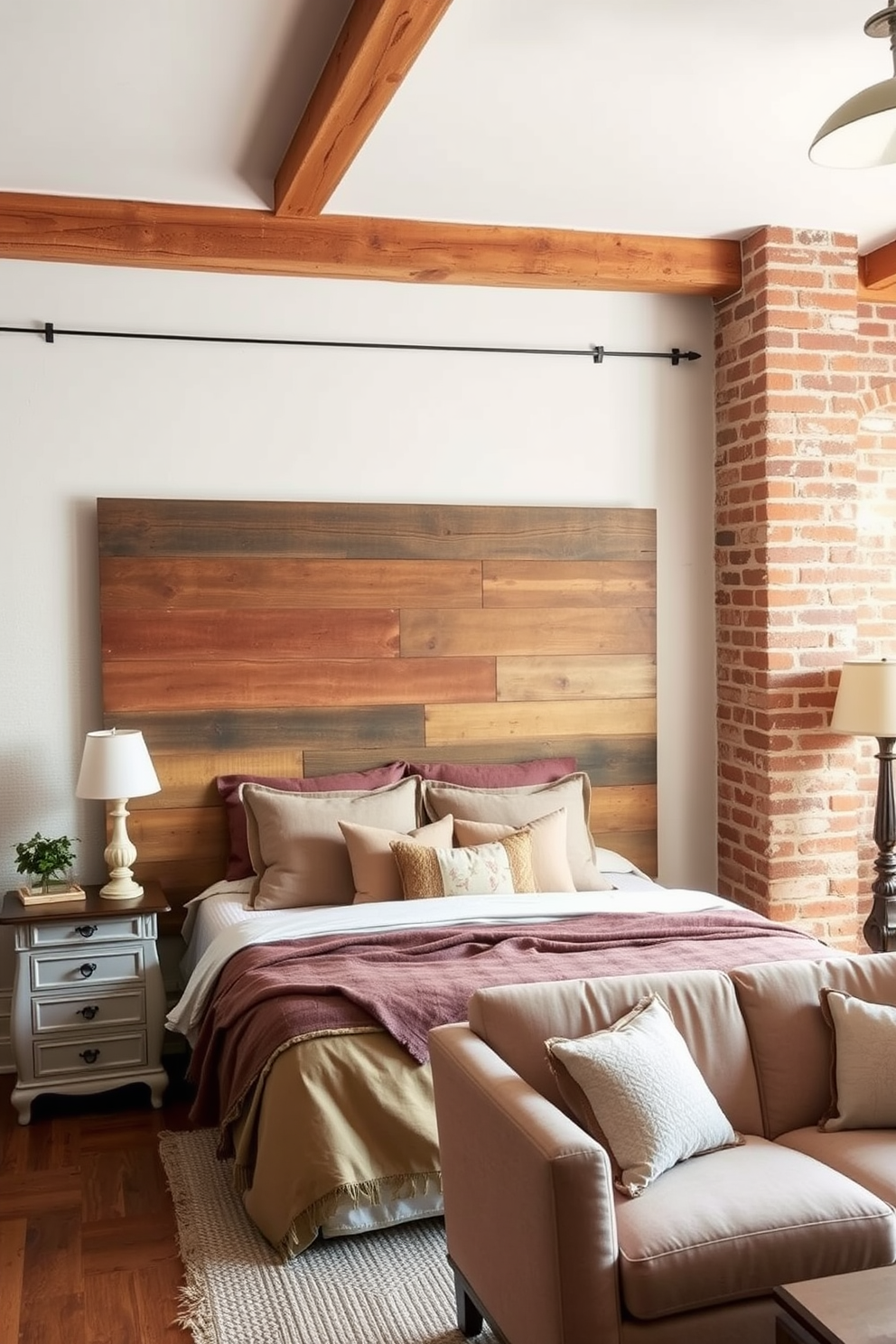 A cozy bedroom featuring a rustic wooden headboard made from reclaimed wood. The bed is dressed in soft linens with earthy tones, complemented by vintage bedside tables on either side. An inviting living space showcasing rustic apartment design ideas. Exposed brick walls and wooden beams create a warm atmosphere, while a mix of vintage and contemporary furniture adds character.