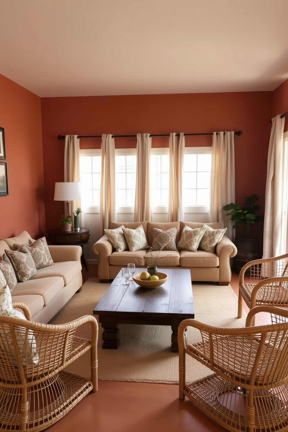 A cozy living room featuring a neutral color palette with earthy tones. The walls are painted in soft beige, complemented by a large, comfortable sofa adorned with textured throw pillows in warm browns and greens. A reclaimed wood coffee table sits at the center, surrounded by woven baskets for storage. Natural light filters through sheer curtains, highlighting a collection of potted plants that add life and freshness to the space.