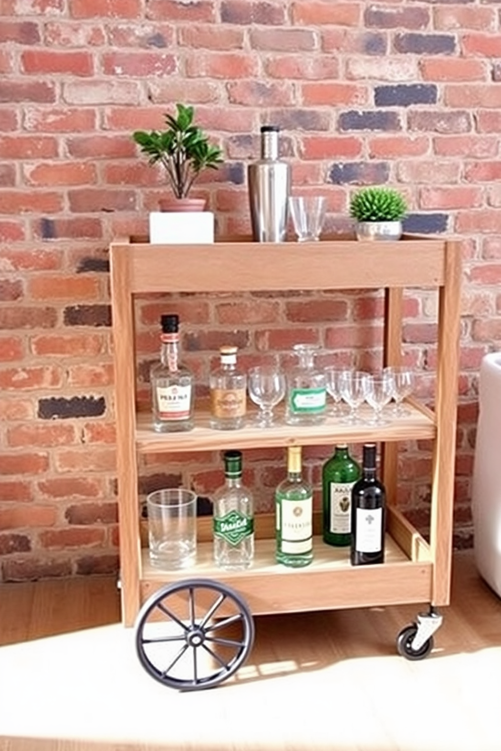 Chic bar cart with rustic flair. The bar cart features a wooden frame with a distressed finish, showcasing a collection of glassware and vintage liquor bottles. The top shelf is adorned with a small potted plant and a stylish cocktail shaker. The cart is positioned against a brick wall, enhancing the rustic charm of the apartment design.