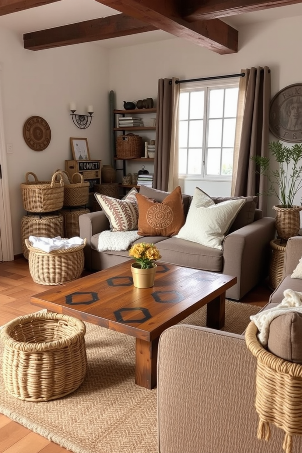 A cozy rustic apartment featuring woven baskets strategically placed throughout the space for stylish storage. The living area showcases a reclaimed wood coffee table surrounded by a plush sofa and a textured area rug, creating an inviting atmosphere.