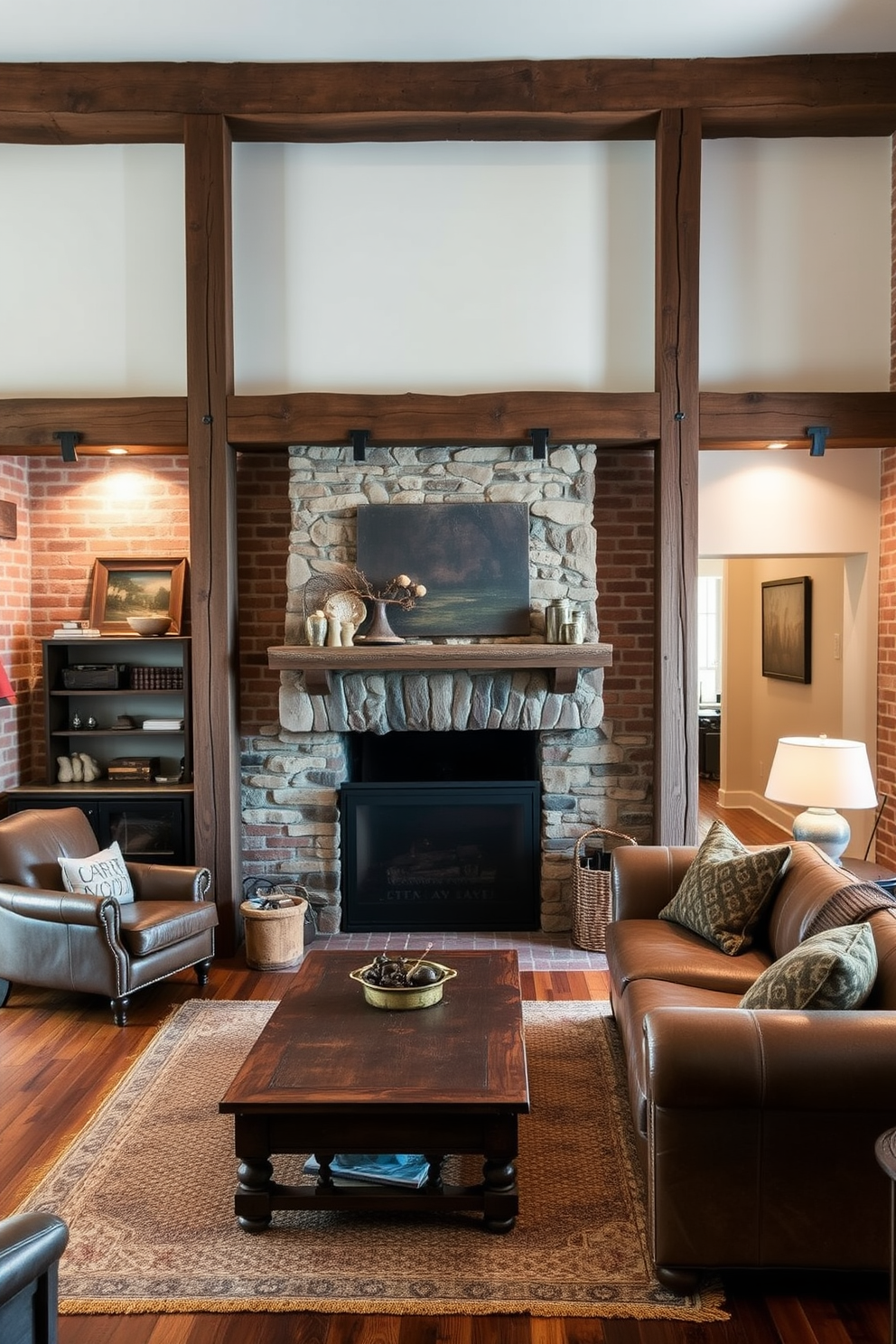 A rustic stone fireplace serves as the focal point of the living room, surrounded by reclaimed wood beams that enhance the cozy atmosphere. The space features a mix of vintage furniture pieces, including a distressed leather sofa and a wooden coffee table, creating an inviting and warm environment. The apartment design incorporates natural materials such as exposed brick walls and hardwood floors, adding character and charm to the interiors. Soft, earthy tones dominate the color palette, complemented by warm lighting that creates a relaxing ambiance throughout the space.