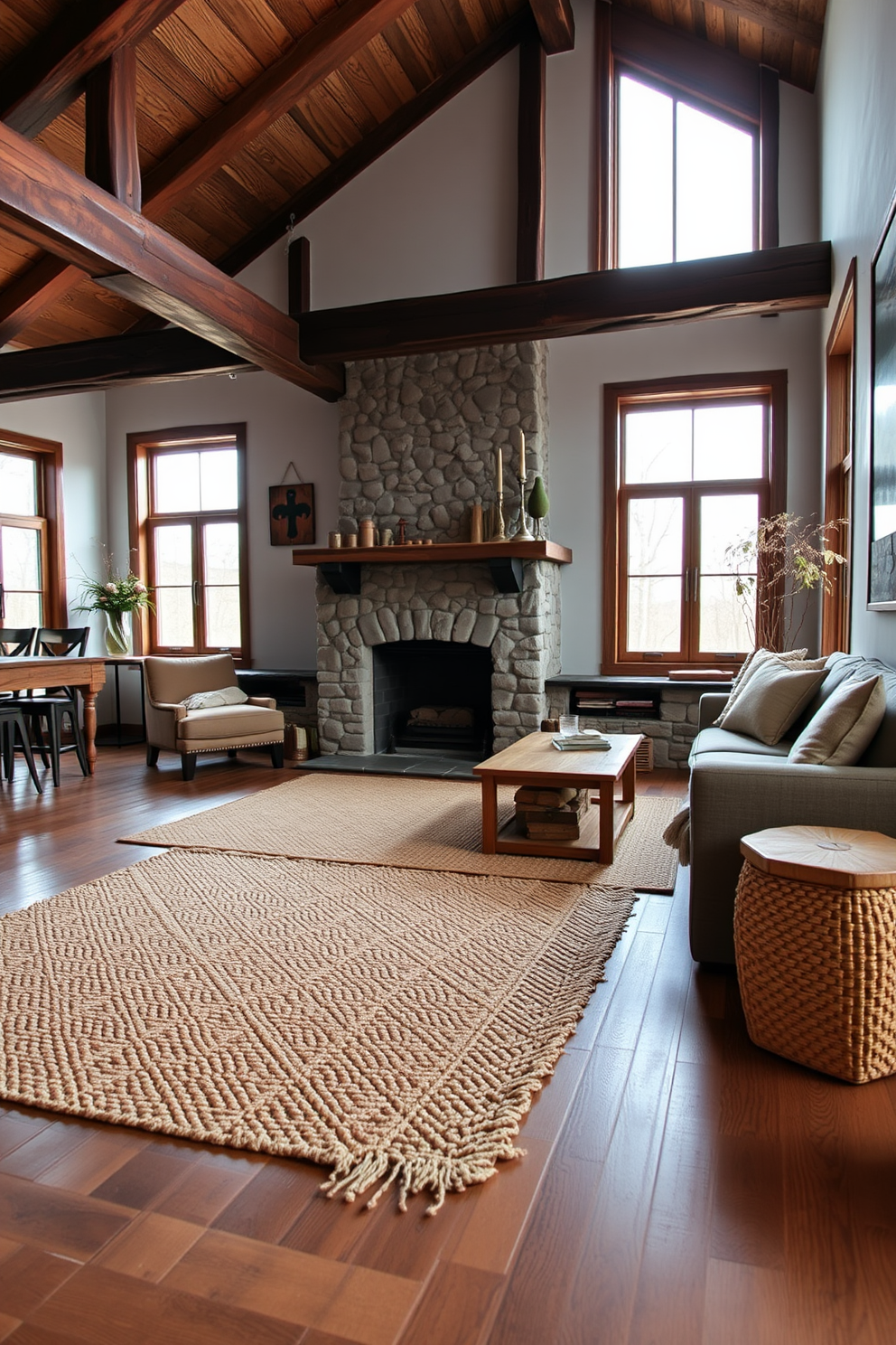 A cozy rustic apartment setting featuring neutral rugs made from natural fibers. The living area has exposed wooden beams and a stone fireplace, while large windows allow natural light to fill the space.