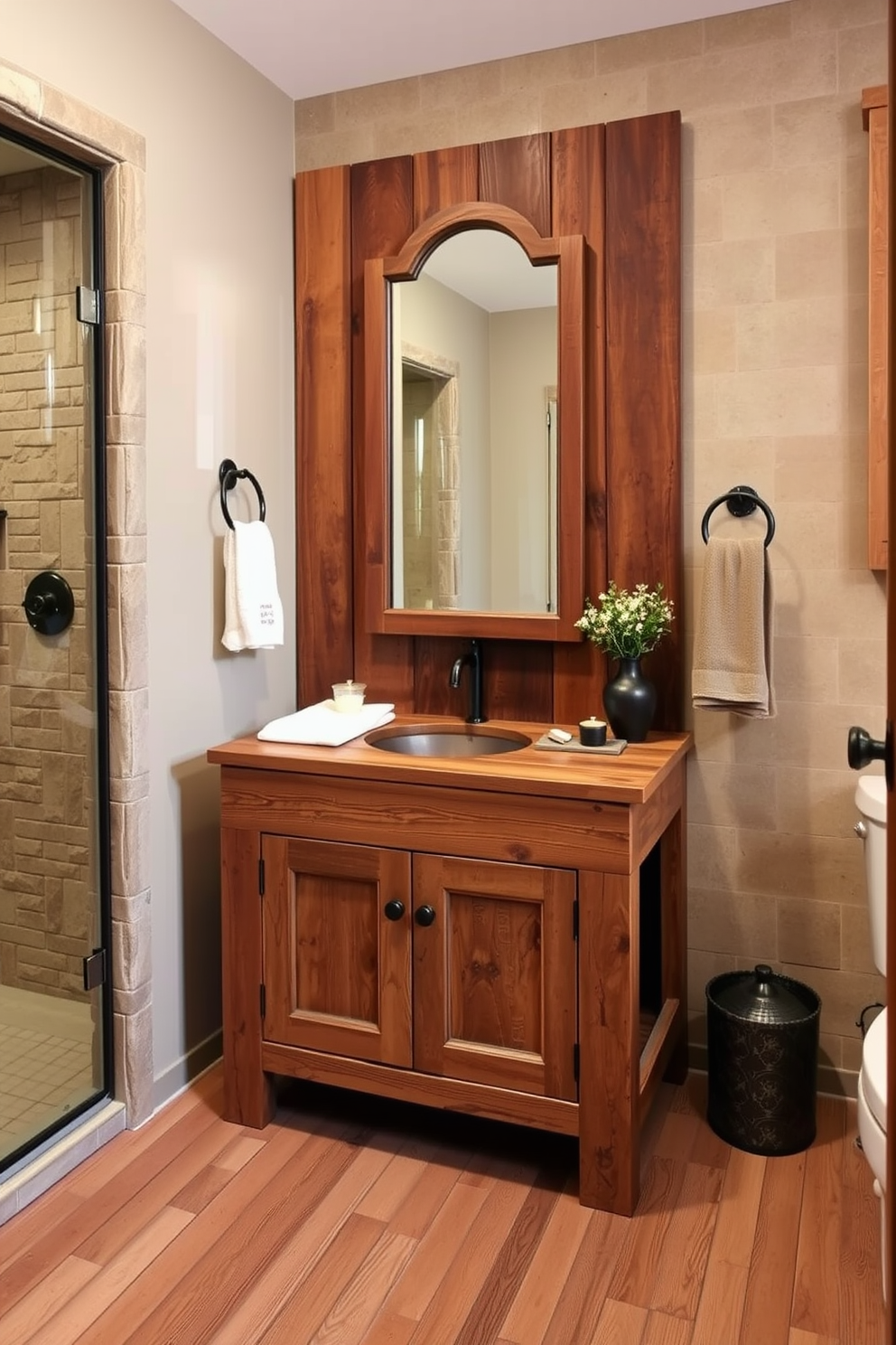 A rustic bathroom featuring a reclaimed wood vanity that showcases its natural texture and imperfections. The vintage sink adds charm and character, complementing the warm tones of the wood.