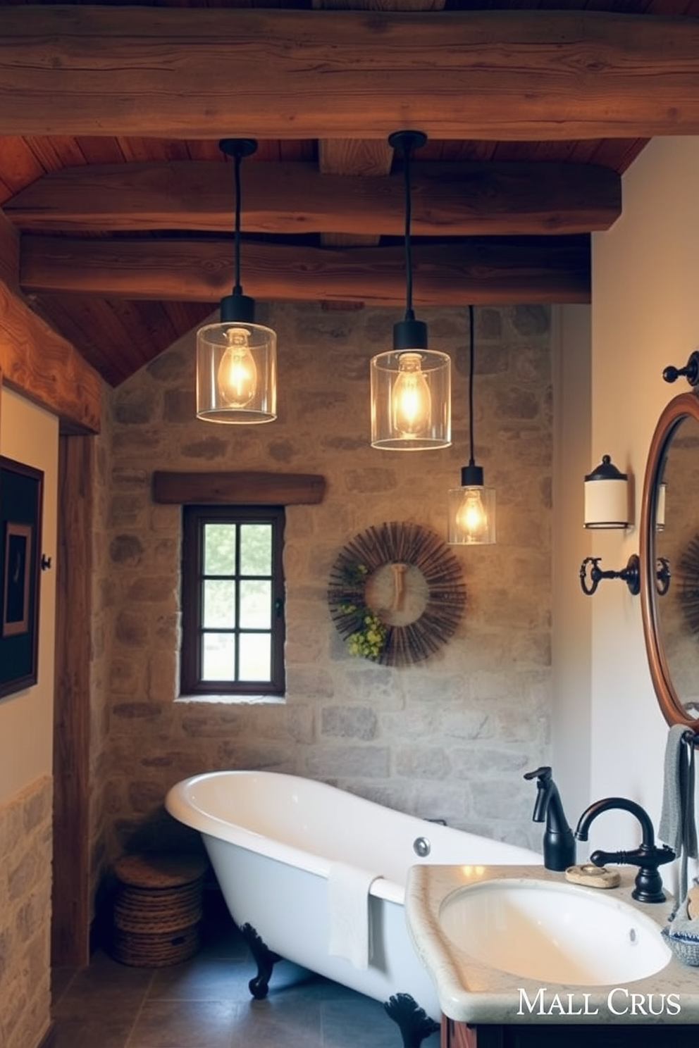 Hanging pendant lights cast a warm glow over a rustic bathroom, enhancing the cozy atmosphere. The wooden beams on the ceiling complement the earthy tones of the decor, creating a harmonious blend of comfort and style. A freestanding bathtub sits in the corner, surrounded by natural stone walls that add texture and warmth. Vintage-inspired fixtures and accessories complete the look, making the space both inviting and stylish.