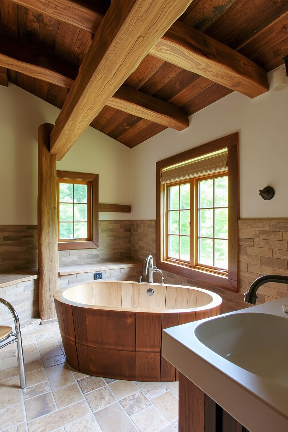 Rustic wood beams stretch across the ceiling, adding warmth and character to the space. The bathroom features a freestanding soaking tub made of reclaimed wood, surrounded by natural stone tiles in earthy tones. A large window allows natural light to flood the room, highlighting the textures of the wood and stone. Vintage-style fixtures in brushed bronze complete the rustic aesthetic, creating a cozy and inviting atmosphere.