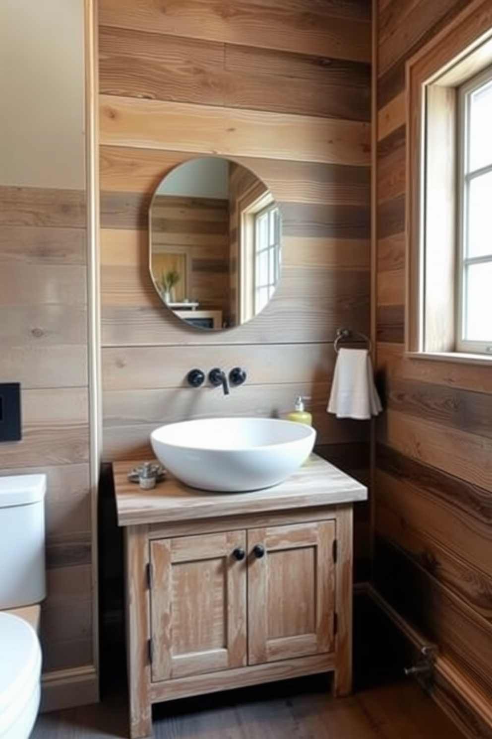 A rustic bathroom design featuring a freestanding sink made of porcelain with a distressed wooden cabinetry beneath it. The walls are clad in reclaimed wood planks, creating a warm and inviting atmosphere.