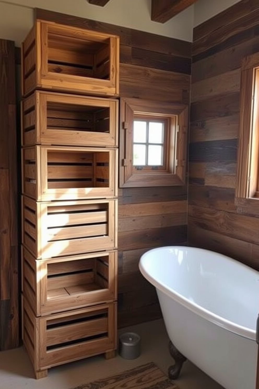 Wooden crates are used as stylish storage solutions in a rustic bathroom setting. They are stacked in a corner, adding both functionality and charm to the space. The bathroom features reclaimed wood accents, with a freestanding tub that complements the rustic theme. Natural light floods in through a small window, highlighting the earthy tones of the decor.