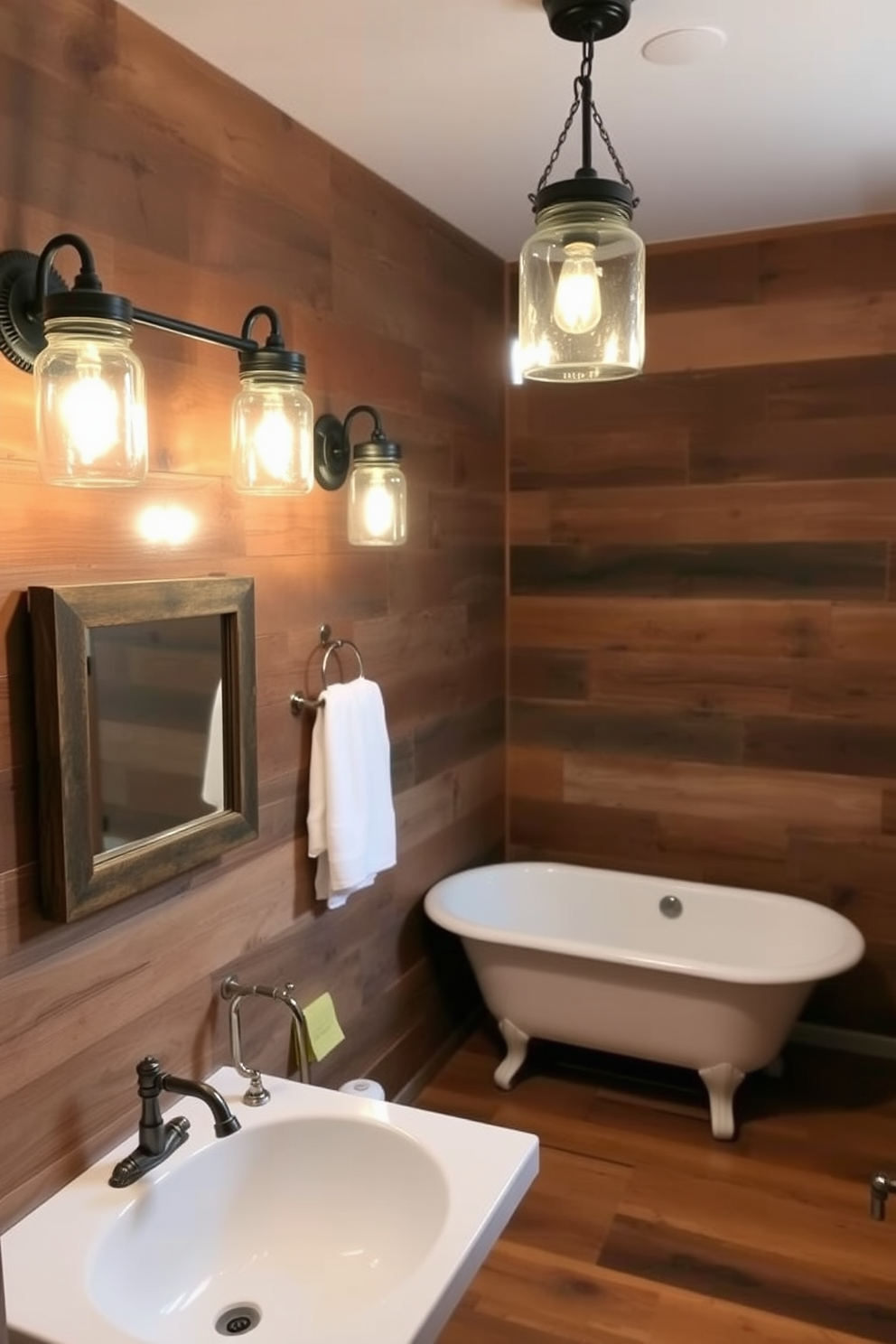 A rustic bathroom featuring a large farmhouse sink with a sleek modern faucet. The walls are adorned with reclaimed wood paneling, and the floor is covered in warm, natural stone tiles.