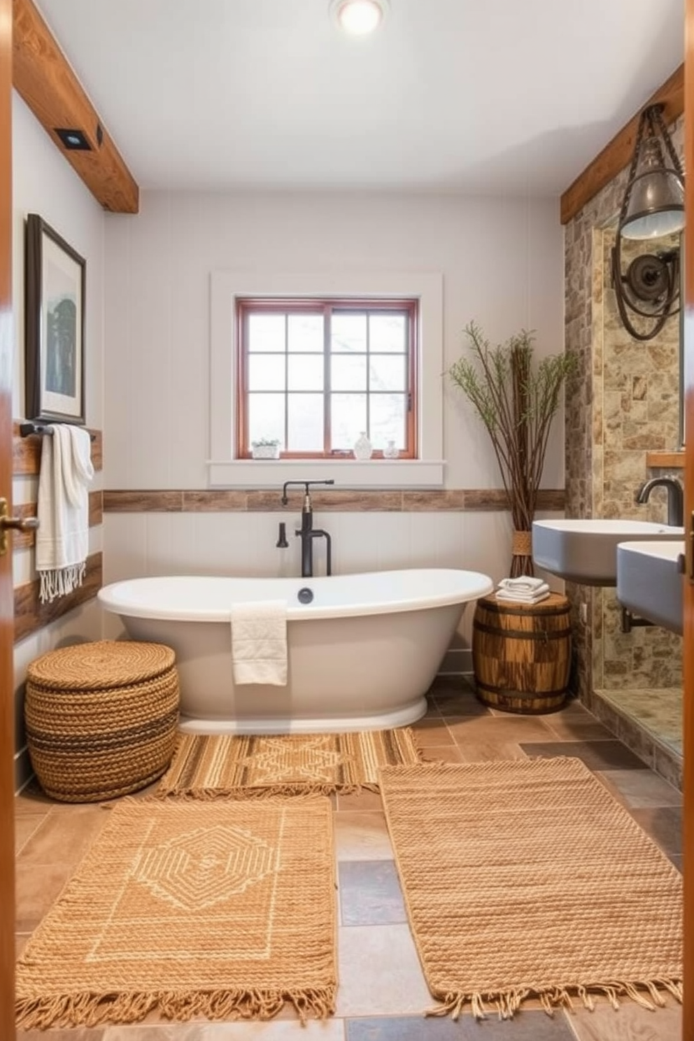 A cozy rustic bathroom featuring textured area rugs that add warmth and comfort to the space. The design includes reclaimed wood accents, a freestanding tub, and natural stone elements that create an inviting atmosphere.