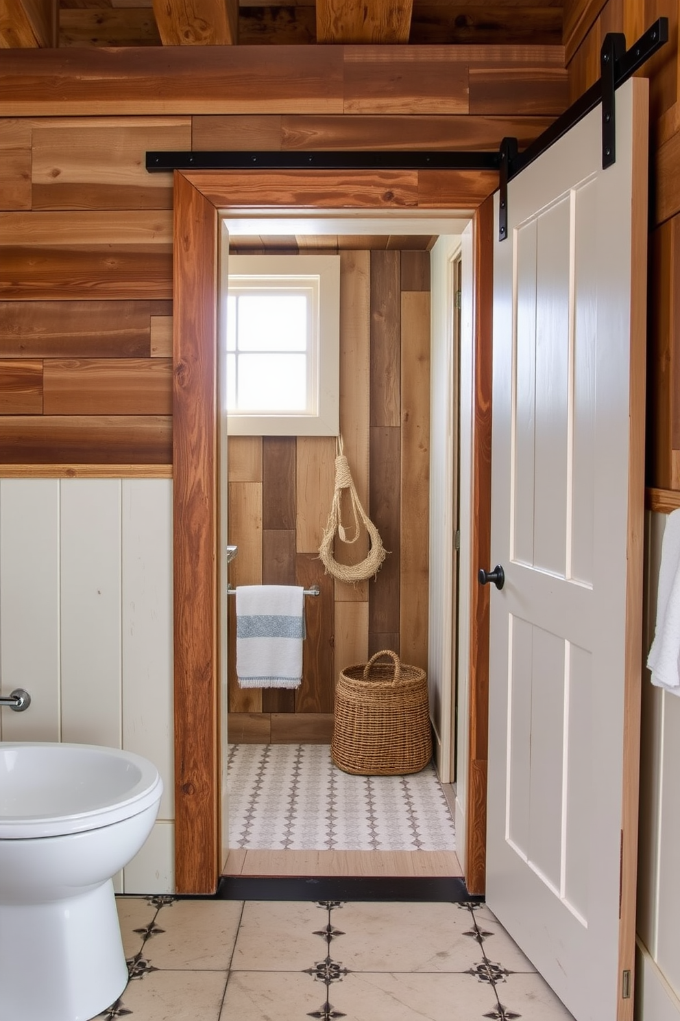 A rustic bathroom featuring soft lighting provided by elegant lantern-style fixtures. The space includes a reclaimed wood vanity with a deep basin sink, complemented by vintage-style faucets.