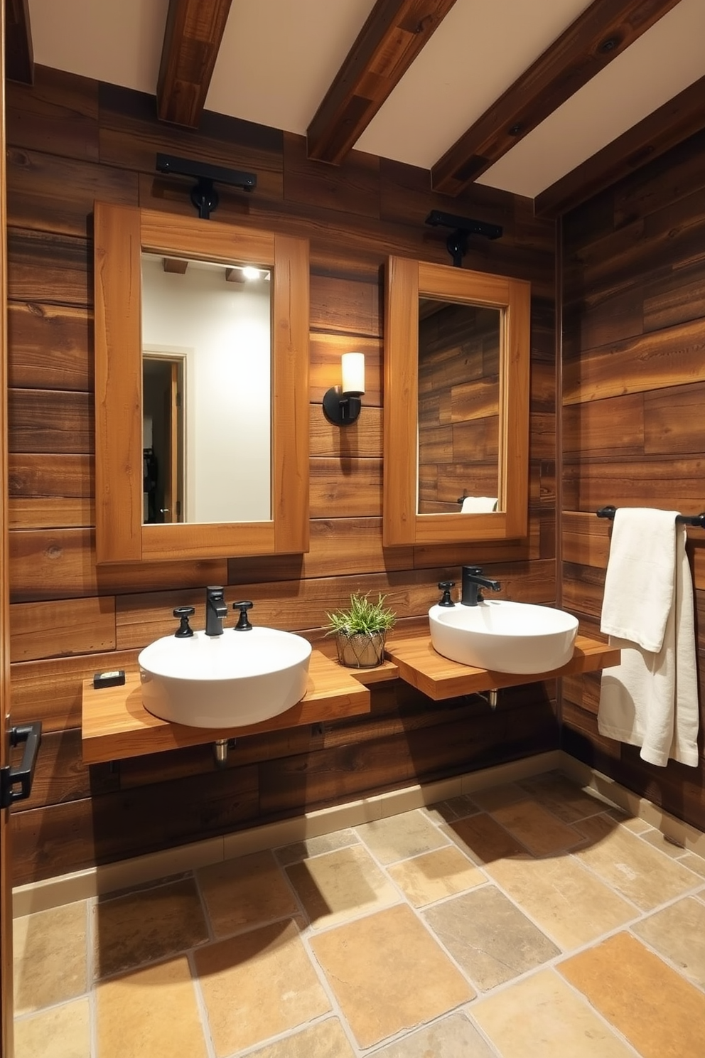 A rustic bathroom design featuring mirrors with weathered frames that add character to the space. The walls are adorned with reclaimed wood, and the flooring consists of natural stone tiles that enhance the earthy aesthetic.