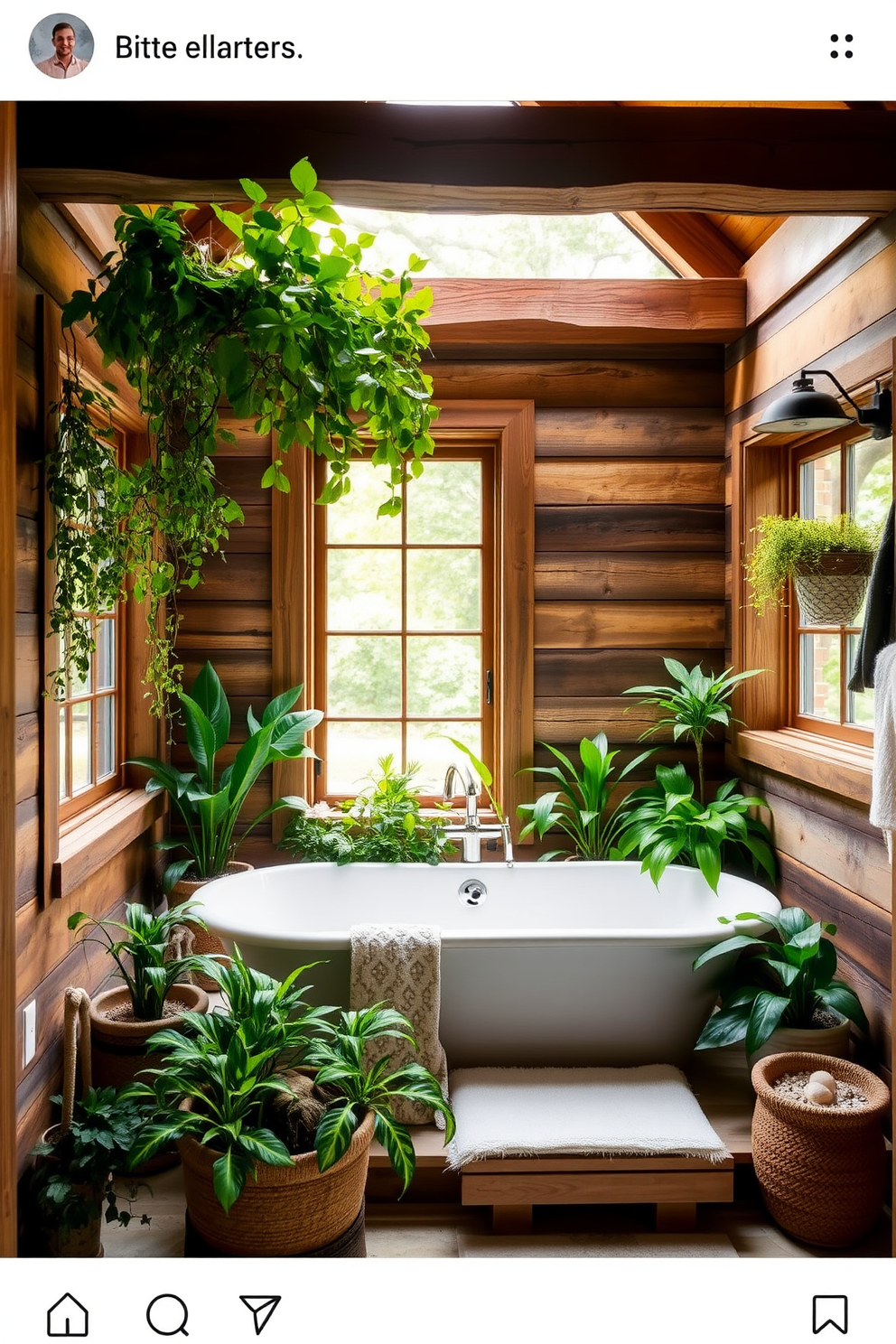 A rustic bathroom design featuring potted plants adds a natural touch to the space. The room is adorned with wooden beams and a freestanding tub surrounded by greenery. The walls are finished with reclaimed wood paneling, enhancing the rustic charm. A large window allows natural light to flood in, creating a warm and inviting atmosphere.