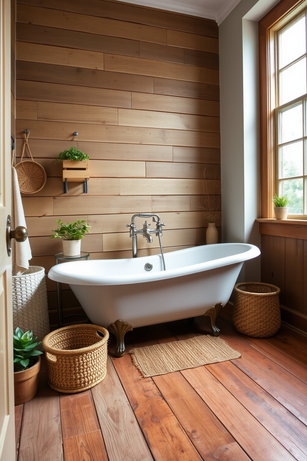 A charming rustic bathroom featuring a clawfoot tub positioned against a wooden shiplap wall. The tub is complemented by vintage-style fixtures and surrounded by natural elements like woven baskets and potted greenery. The floor is adorned with reclaimed wood planks, adding warmth to the space. Soft, neutral tones are used throughout, with a large window allowing natural light to flood in, enhancing the cozy atmosphere.