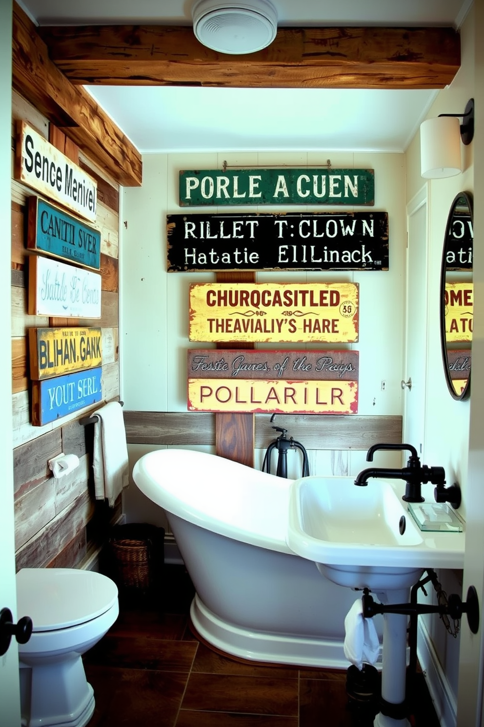 A rustic bathroom featuring vintage signs that add a personalized touch. The space includes reclaimed wood accents, a freestanding tub, and a vintage-style sink with industrial fixtures.