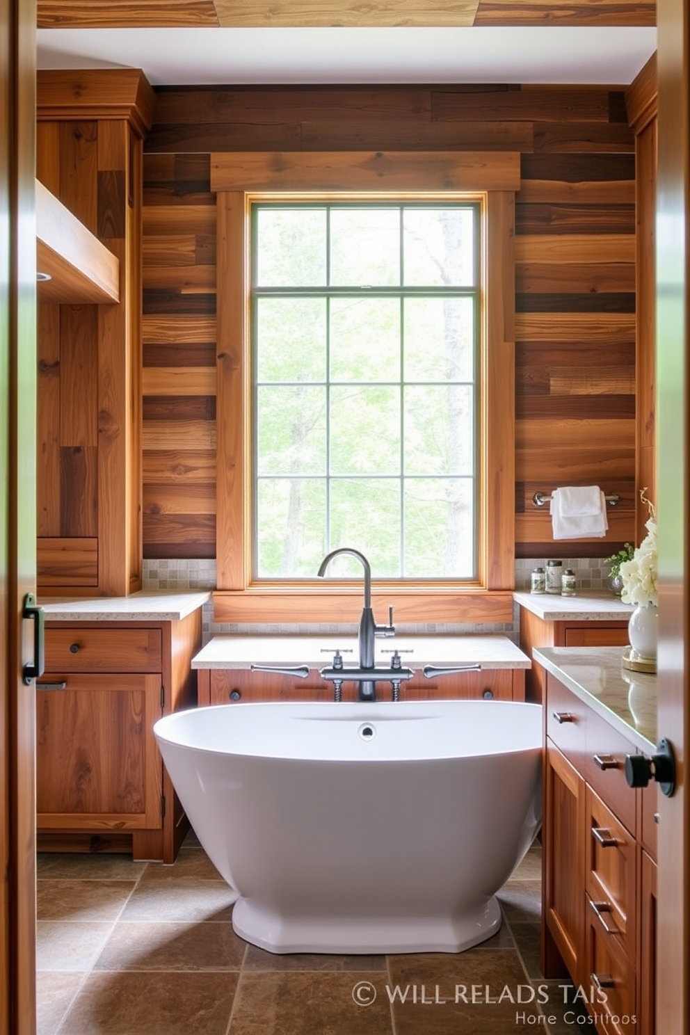 A rustic bathroom featuring ceramic tiles with intricate rustic patterns. The space includes a freestanding bathtub surrounded by potted plants and wooden shelving.