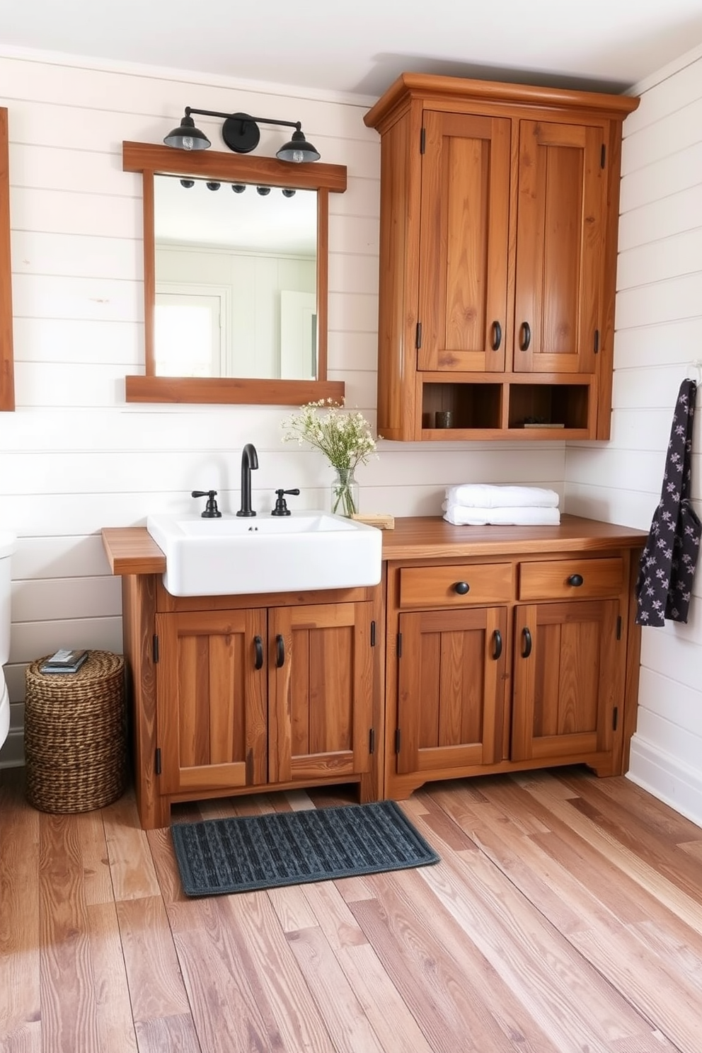 A rustic bathroom featuring a farmhouse sink made of white porcelain, surrounded by reclaimed wood cabinetry. The walls are clad in shiplap, painted in a soft cream color, and the floor is finished with weathered hardwood planks.