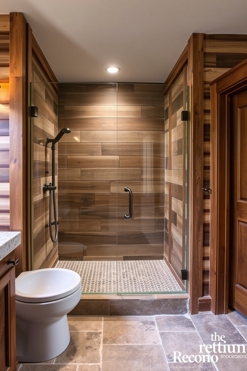 A rustic bathroom featuring natural wood countertops that exude warmth and charm. The space includes a freestanding bathtub surrounded by wooden accents and soft, ambient lighting.