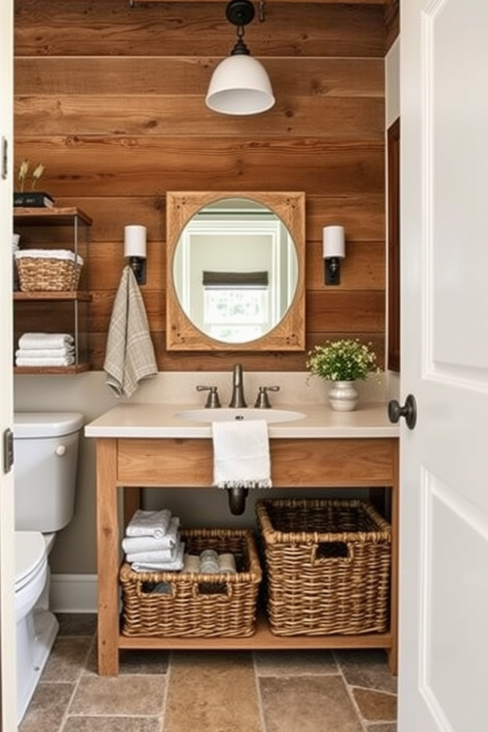 A rustic bathroom design featuring woven baskets for organized storage. The walls are adorned with reclaimed wood panels, and the floor is covered in natural stone tiles.