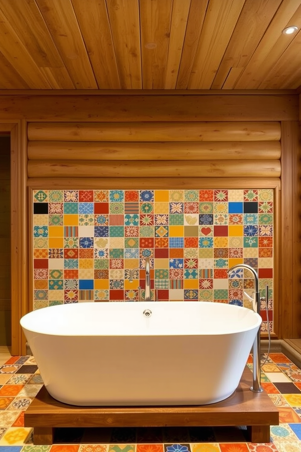 A rustic bathroom setting featuring colorful ceramic tiles that create a vibrant focal point. The walls are adorned with natural wood paneling, and a freestanding soaking tub sits on a wooden platform.