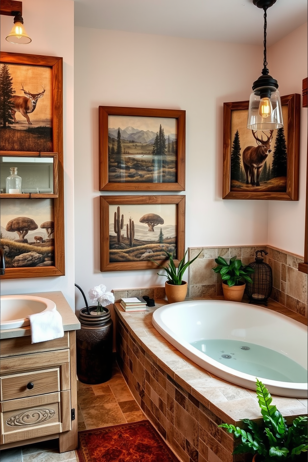 A charming rustic bathroom featuring reclaimed wood elements. The walls are adorned with various pieces of rustic artwork that add character and warmth to the space. The focal point is a freestanding wooden bathtub surrounded by natural stone tiles. Vintage-inspired fixtures and a woven basket for towels complete the cozy atmosphere.