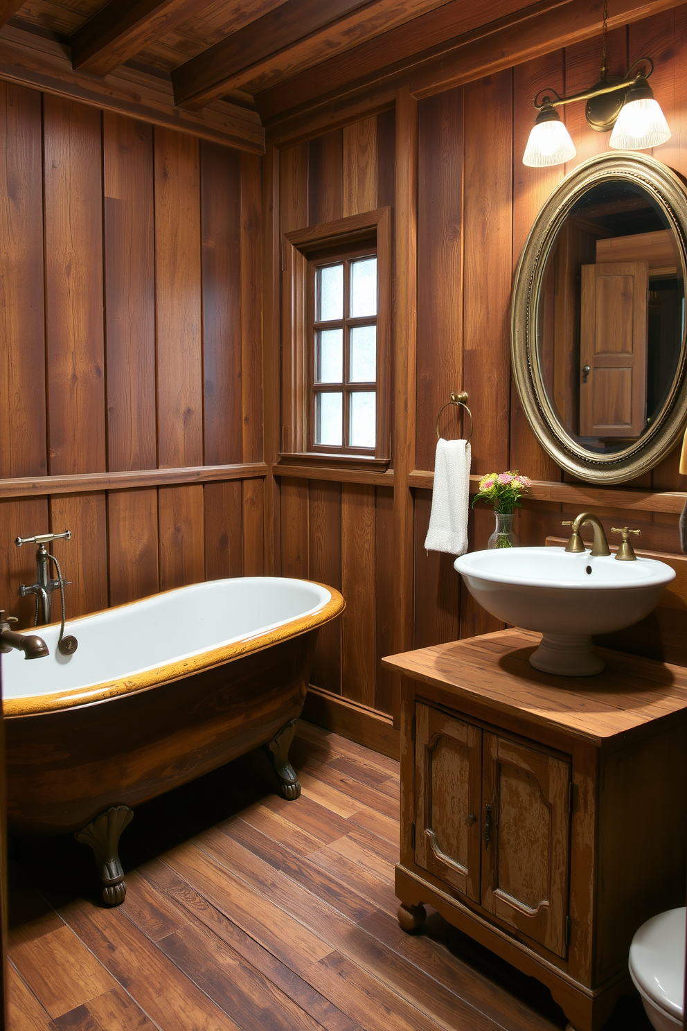 A rustic bathroom design featuring antique furniture pieces that add character to the space. The room includes a vintage wooden bathtub with claw feet and a distressed wooden vanity with a porcelain sink. The walls are adorned with reclaimed wood paneling, creating a warm and inviting atmosphere. Accents of brass fixtures and a large oval mirror complete the charming rustic aesthetic.