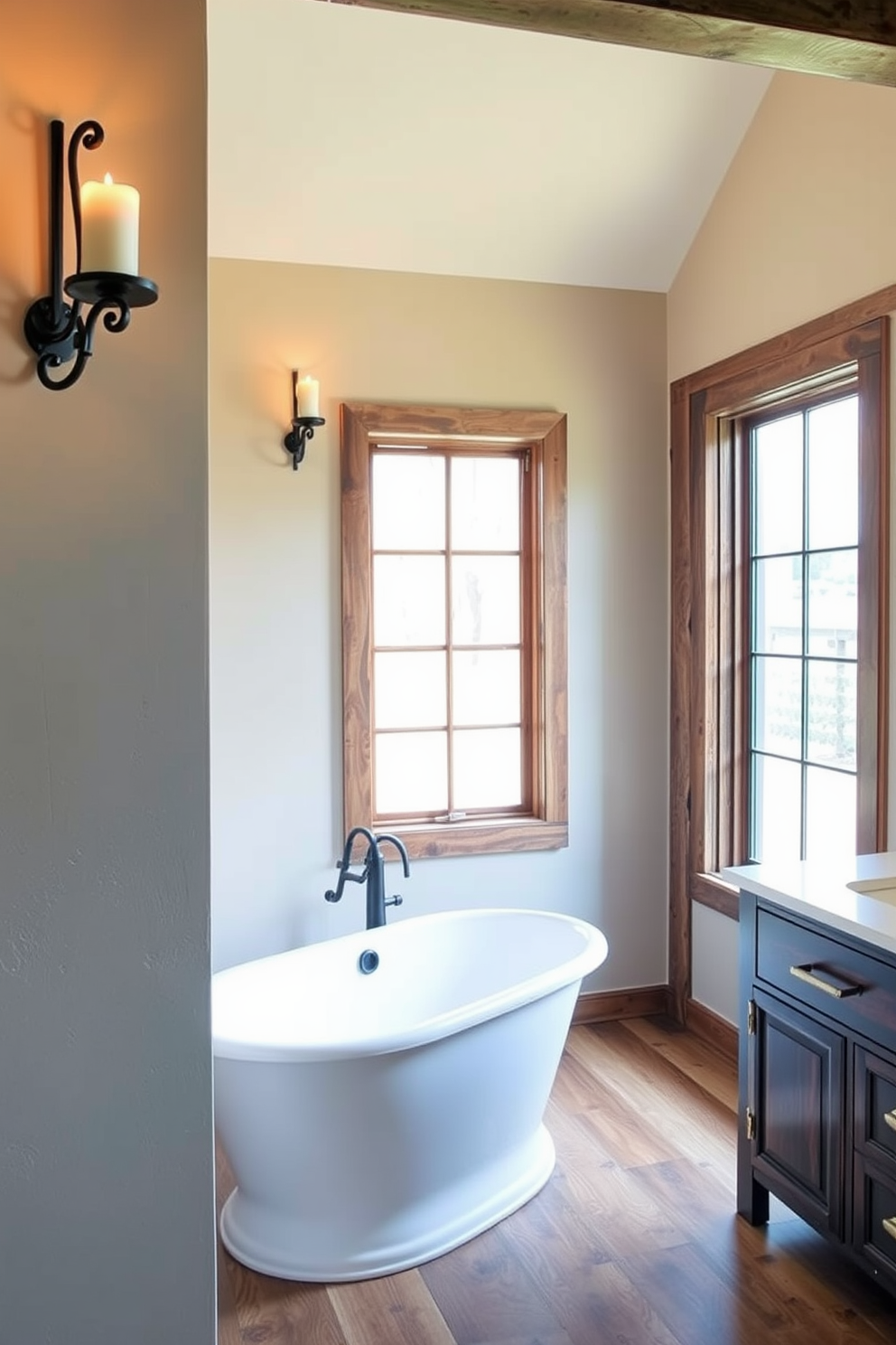 Textured wallpaper featuring natural motifs covers the walls, creating a warm and inviting atmosphere. The bathroom includes a freestanding tub with vintage-style fixtures, surrounded by potted plants for a touch of nature. A wooden ladder serves as a towel rack, adding a rustic charm to the space. The floor is adorned with reclaimed wood planks, complementing the earthy tones of the wallpaper and enhancing the overall design.