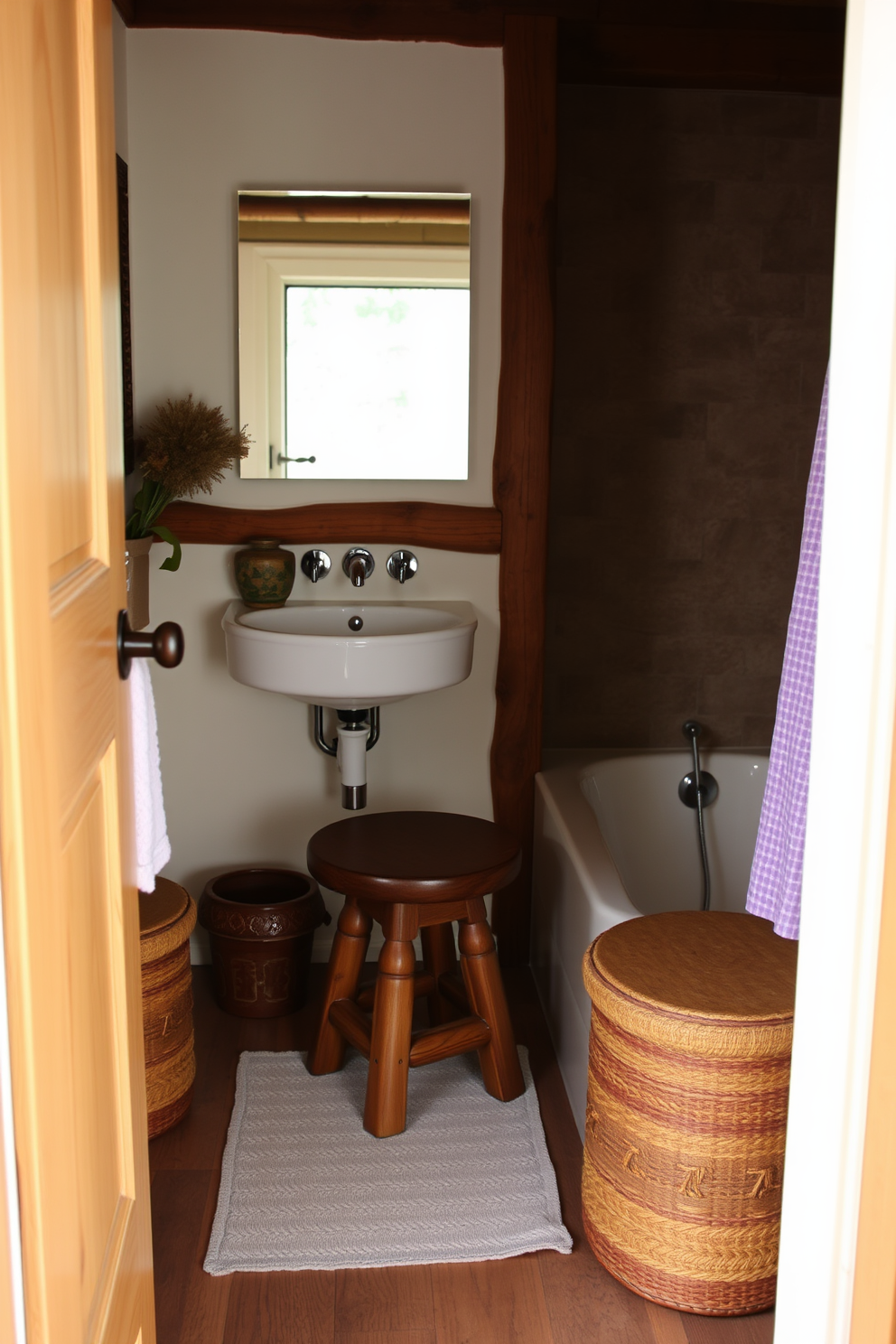 A cozy rustic bathroom featuring wooden beams across the ceiling and reclaimed wood accents throughout. The walls are clad in natural stone, and a freestanding tub sits in the corner, surrounded by potted plants. Rustic hooks made from wrought iron are mounted on the wall, providing a charming place for towels and robes. A vintage ladder is leaned against the wall, displaying additional towels for a warm and inviting touch.