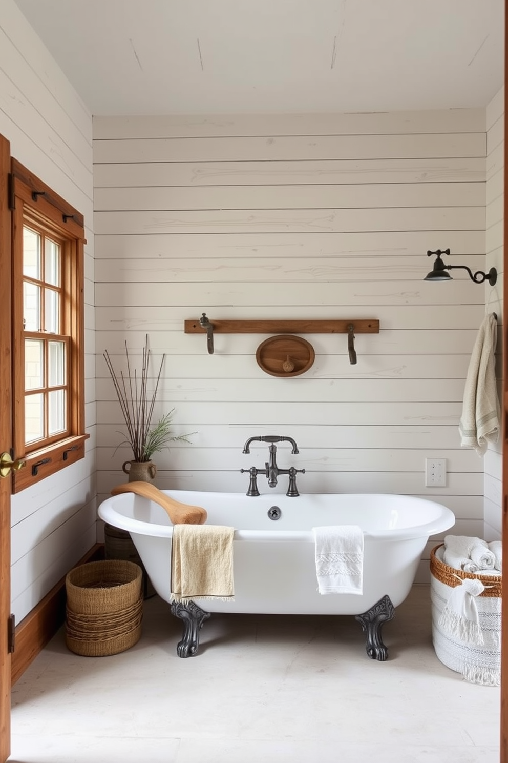 A rustic bathroom featuring shiplap walls that add a cozy texture to the space. The room includes a freestanding bathtub surrounded by natural wood accents and vintage-inspired fixtures.