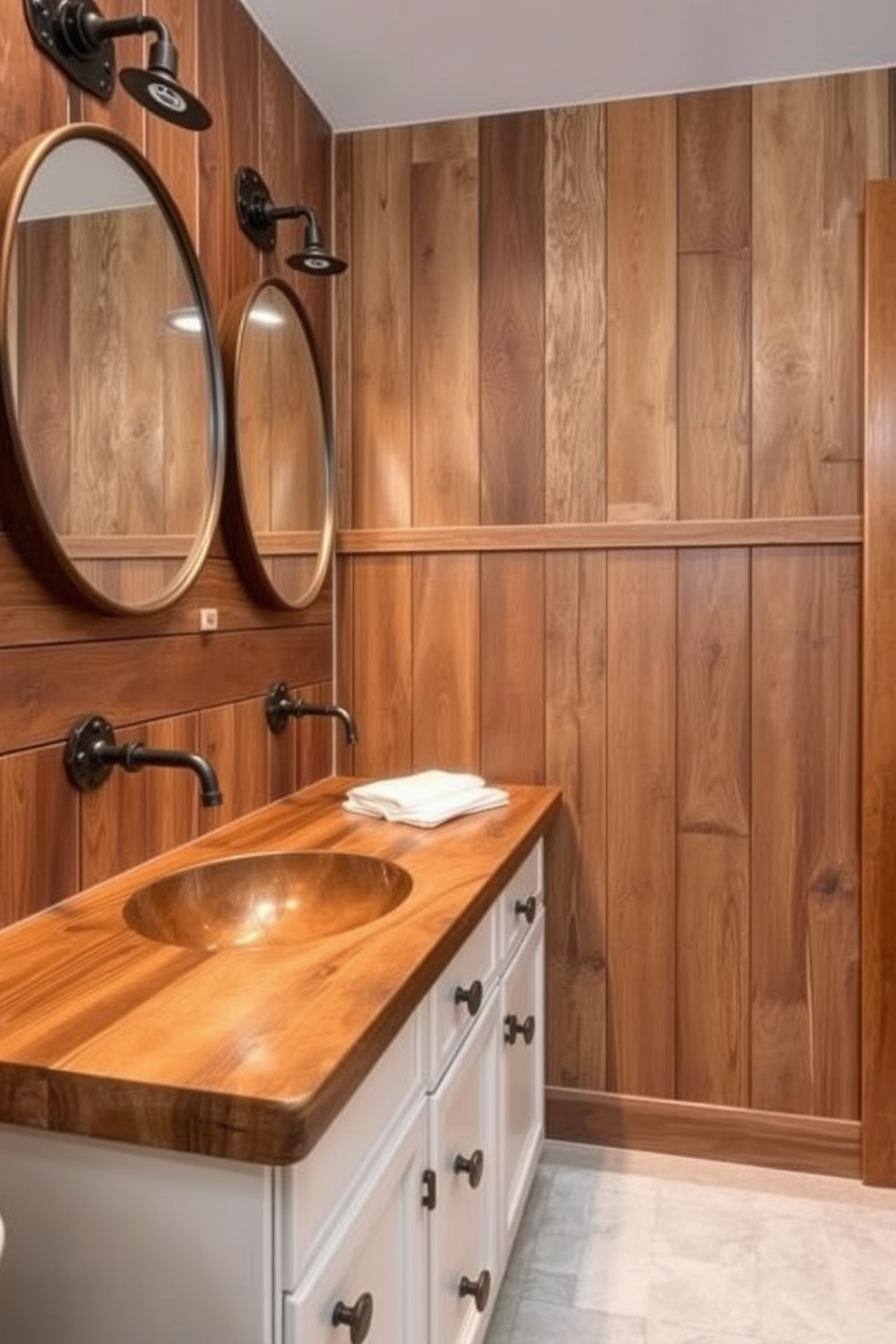 Antique-style faucets with intricate detailing add a touch of vintage charm to the rustic bathroom. The space features reclaimed wood cabinetry, a freestanding soaking tub, and a stone accent wall that enhances the cozy atmosphere.