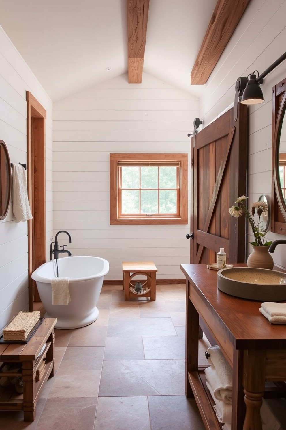 A rustic bathroom featuring a barn door entry that adds farmhouse charm. The space includes a freestanding soaking tub with a vintage-style faucet and shiplap walls painted in a soft white hue. Natural wood accents are present throughout, including a reclaimed wood vanity with a stone sink. The floor is adorned with large, earthy tiles that complement the warm tones of the decor.