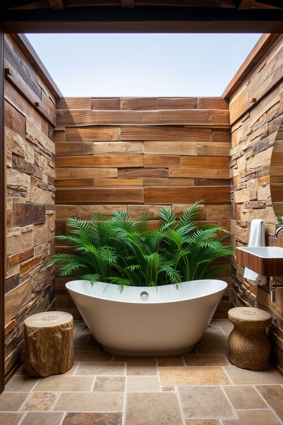 A rustic bathroom setting featuring industrial light fixtures with Edison bulbs hanging from the ceiling. The walls are exposed brick, and the floor is made of reclaimed wood, adding warmth to the space.