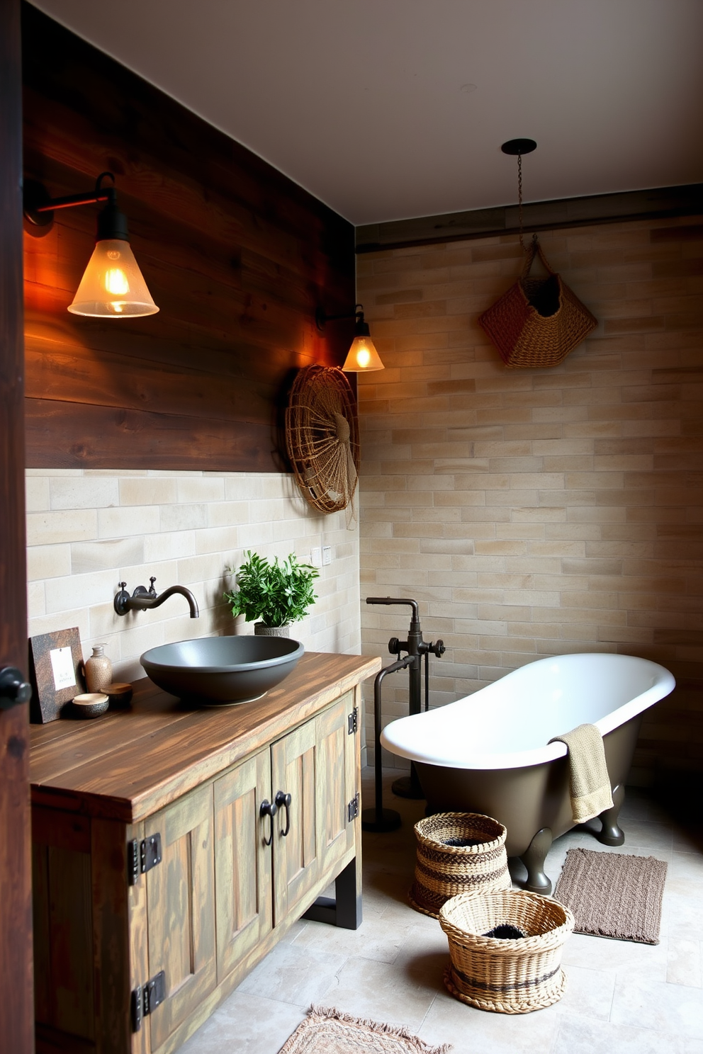 A rustic bathroom setting features woven baskets placed strategically for stylish storage solutions. The baskets are made of natural fibers and come in varying sizes, adding texture and warmth to the space. The walls are adorned with reclaimed wood panels, enhancing the rustic charm of the room. A freestanding tub sits on a wooden platform, surrounded by potted plants that bring a touch of nature indoors.