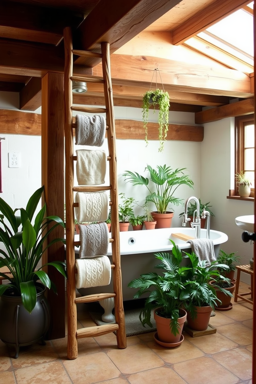 A rustic bathroom featuring a vintage wooden ladder repurposed for towel storage. The space is adorned with exposed wooden beams and a freestanding bathtub surrounded by potted plants.