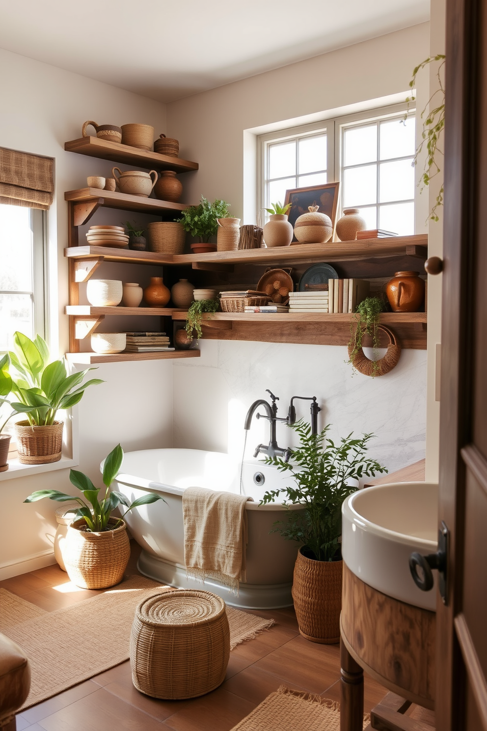 Open shelving displays an array of rustic decor items, including handmade pottery, woven baskets, and vintage books. The shelves are made from reclaimed wood, adding warmth and character to the space. The bathroom features a freestanding tub surrounded by potted plants and natural light streaming through a window. Earthy tones dominate the color palette, with textured linens and wooden accents enhancing the rustic charm.