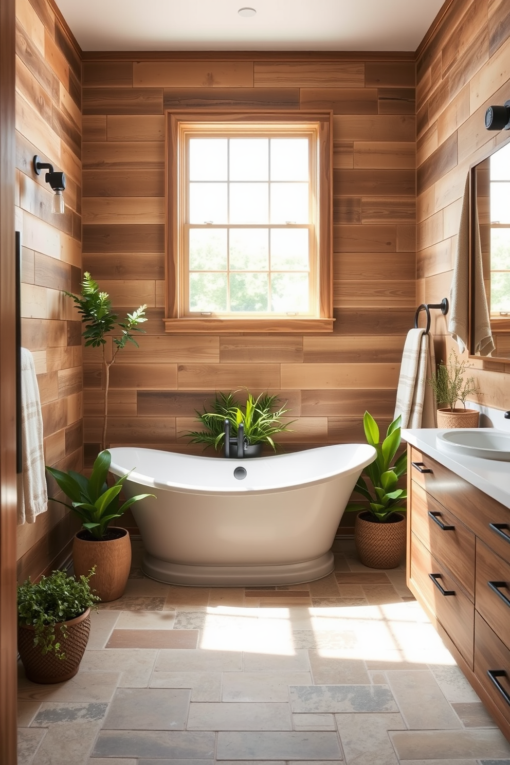 A rustic bathroom design featuring a neutral color palette with wooden elements. The walls are adorned with reclaimed wood panels, and the floor is covered in natural stone tiles. A freestanding bathtub sits in the center, surrounded by potted plants for a touch of greenery. Above the tub, a large window allows natural light to flood the space, enhancing the warm tones of the wood.