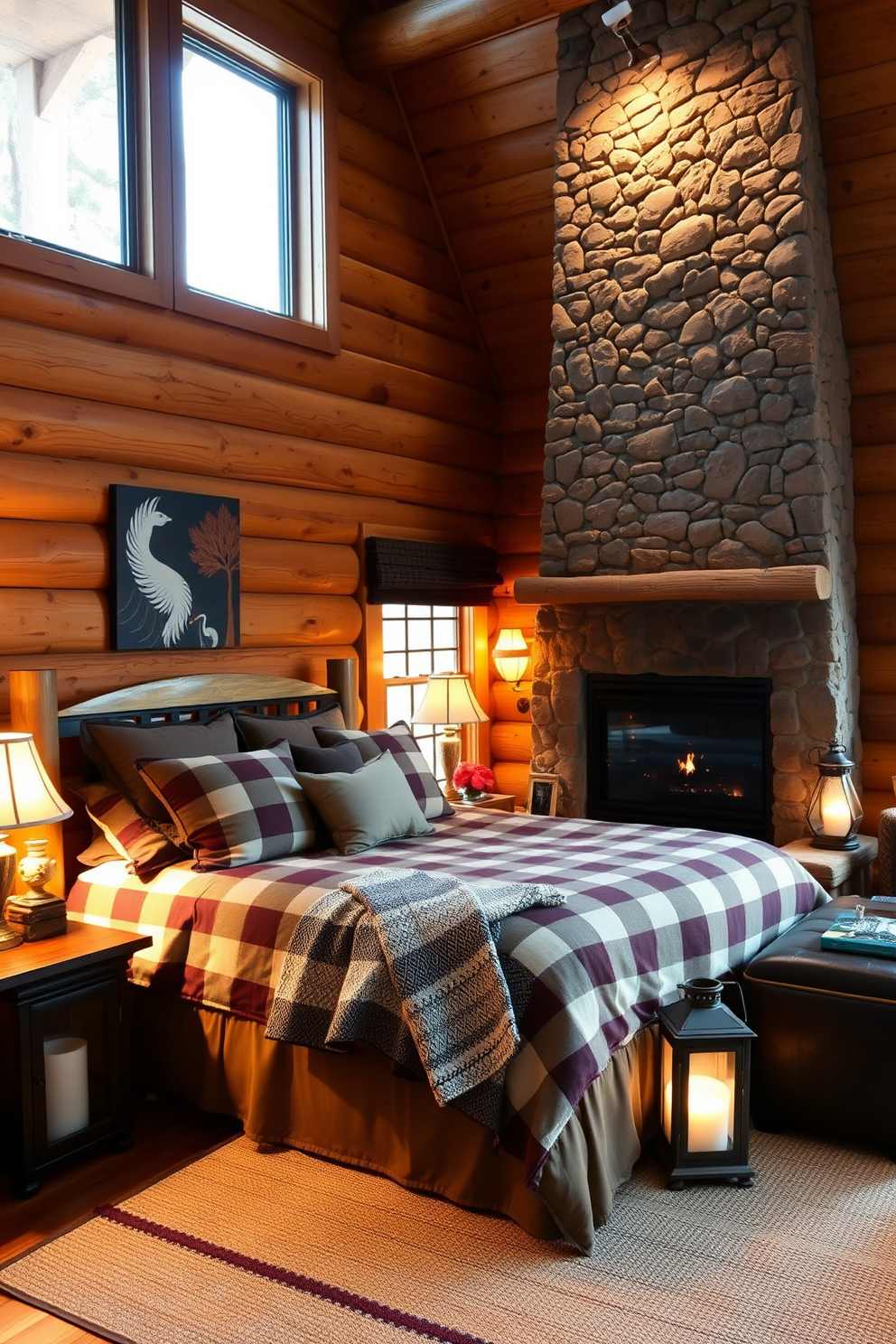 Cozy log cabin style with warm tones. The walls are adorned with natural wood paneling, and a large stone fireplace serves as the focal point of the room. A plush king-sized bed is dressed in flannel bedding, surrounded by soft, oversized pillows. Vintage lanterns provide ambient lighting, while a woven rug adds warmth to the hardwood floor.