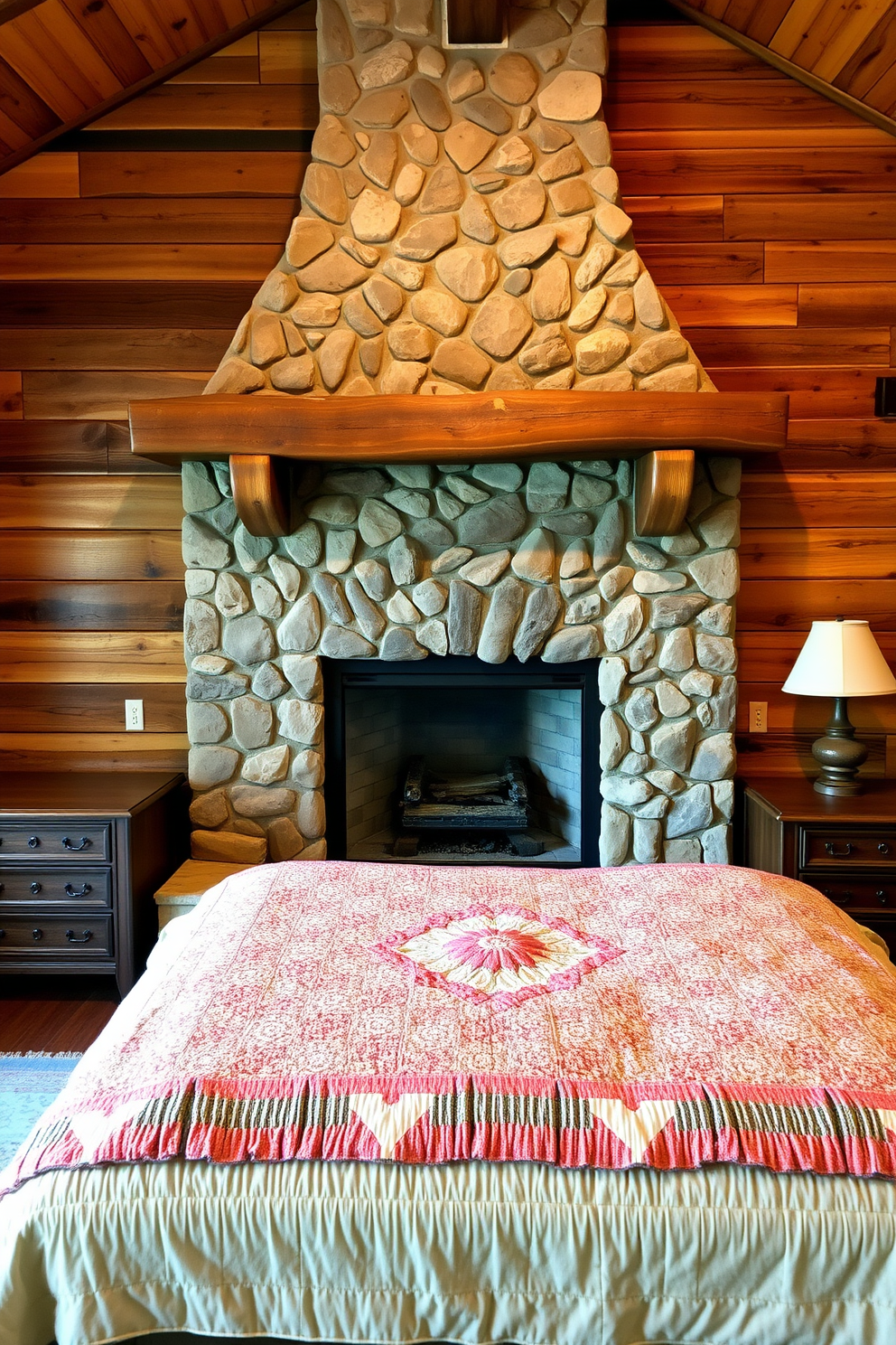 A rustic bedroom featuring a stone fireplace as the focal point. The fireplace is surrounded by a wooden mantel and cozy seating area, creating a warm and inviting atmosphere. The walls are adorned with reclaimed wood paneling, complementing the earthy tones of the decor. A plush king-size bed with a handmade quilt sits opposite the fireplace, flanked by vintage nightstands.