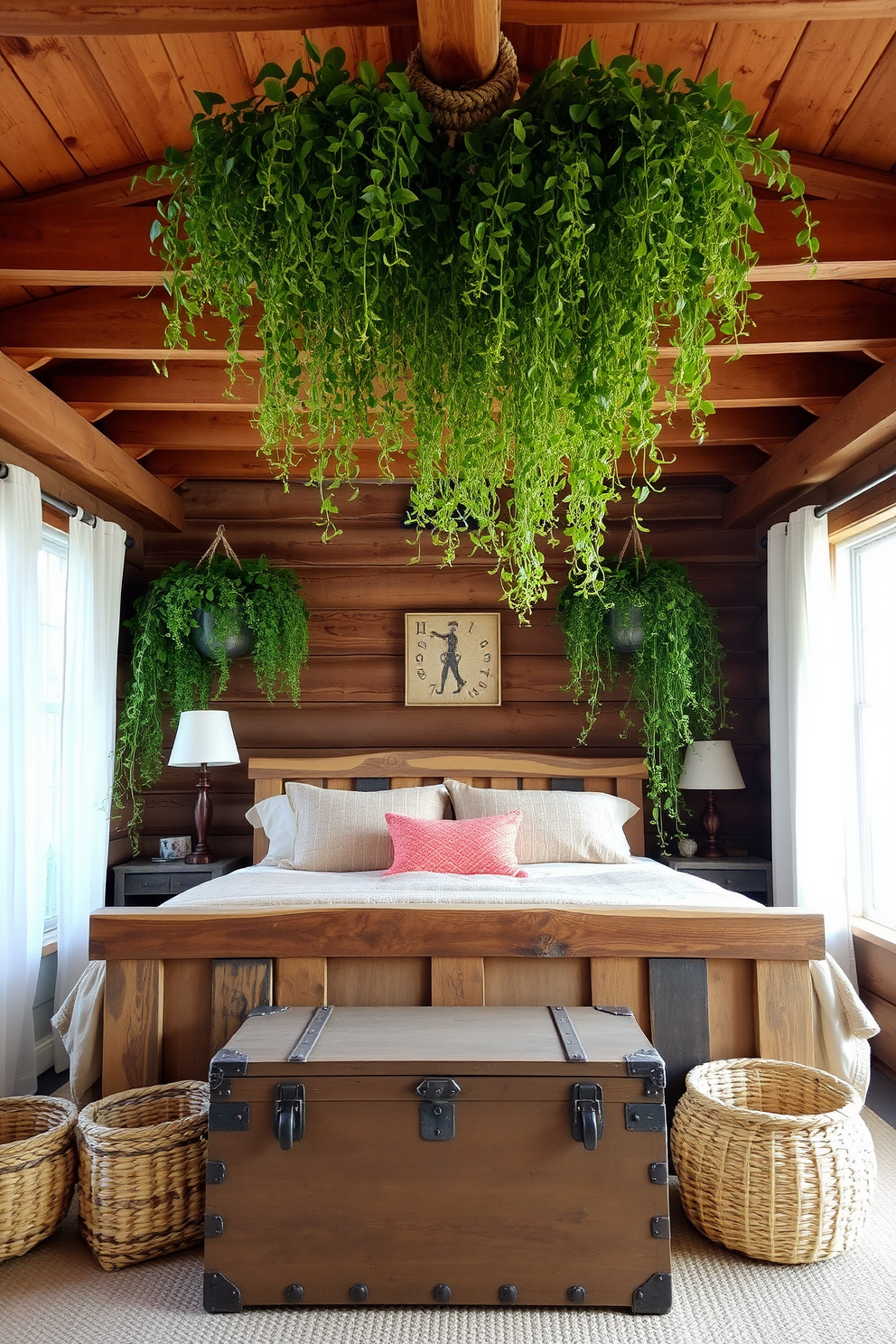 Hanging plants cascade gracefully from the ceiling, adding a vibrant touch of nature to the rustic bedroom. The warm wooden beams and earthy tones create a cozy atmosphere, inviting relaxation and tranquility. The bed features a reclaimed wood frame adorned with soft, textured linens in neutral shades. A vintage trunk at the foot of the bed adds character, while woven baskets provide practical storage solutions.