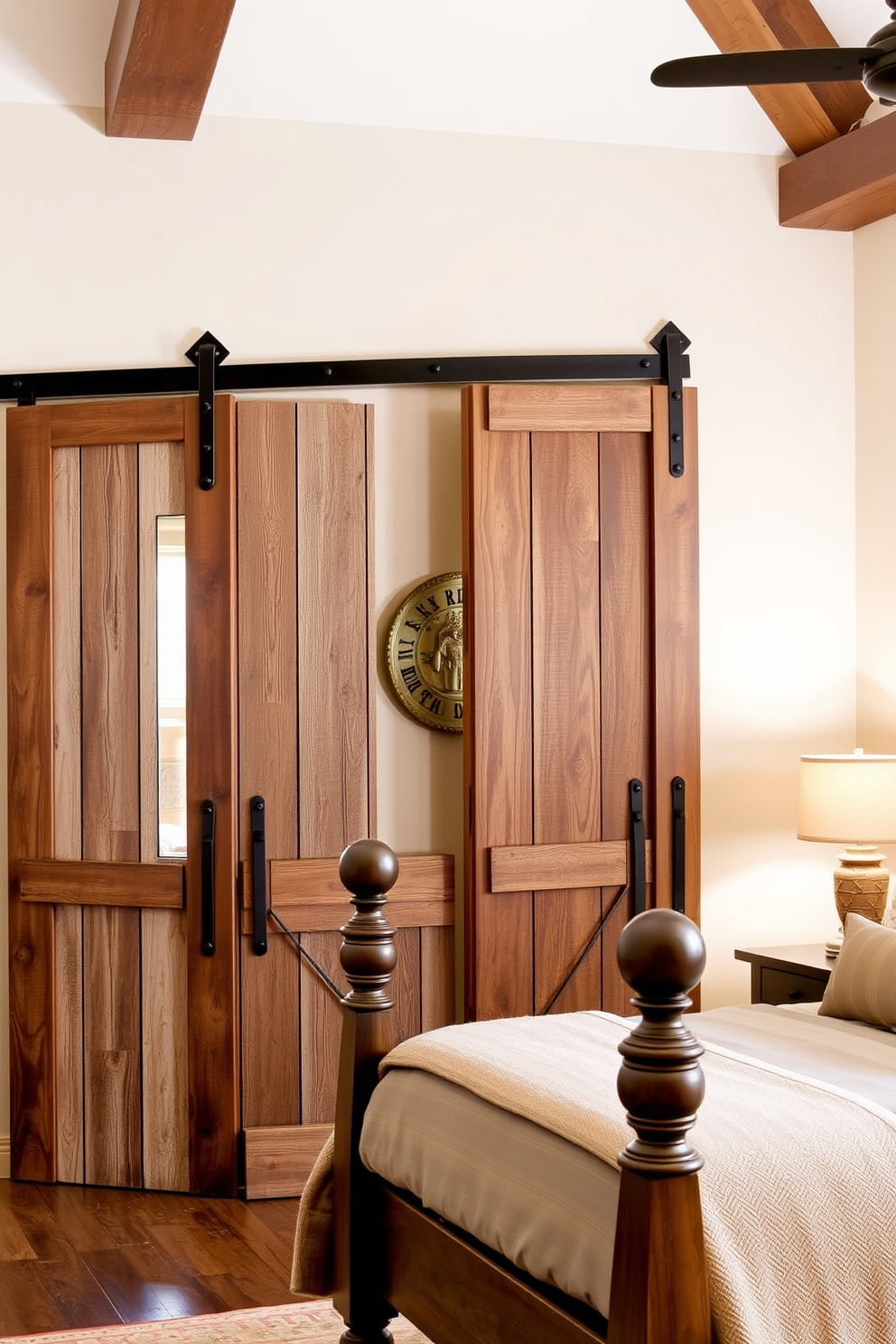 Rustic barn doors create a charming entryway that blends traditional craftsmanship with modern aesthetics. The doors are made of reclaimed wood, featuring a weathered finish and wrought iron hardware that adds character and warmth. A rustic bedroom design incorporates natural materials and earthy tones to create a cozy retreat. The room features a wooden bed frame with a plush, neutral-toned bedding set, complemented by vintage-inspired decor and soft, ambient lighting.