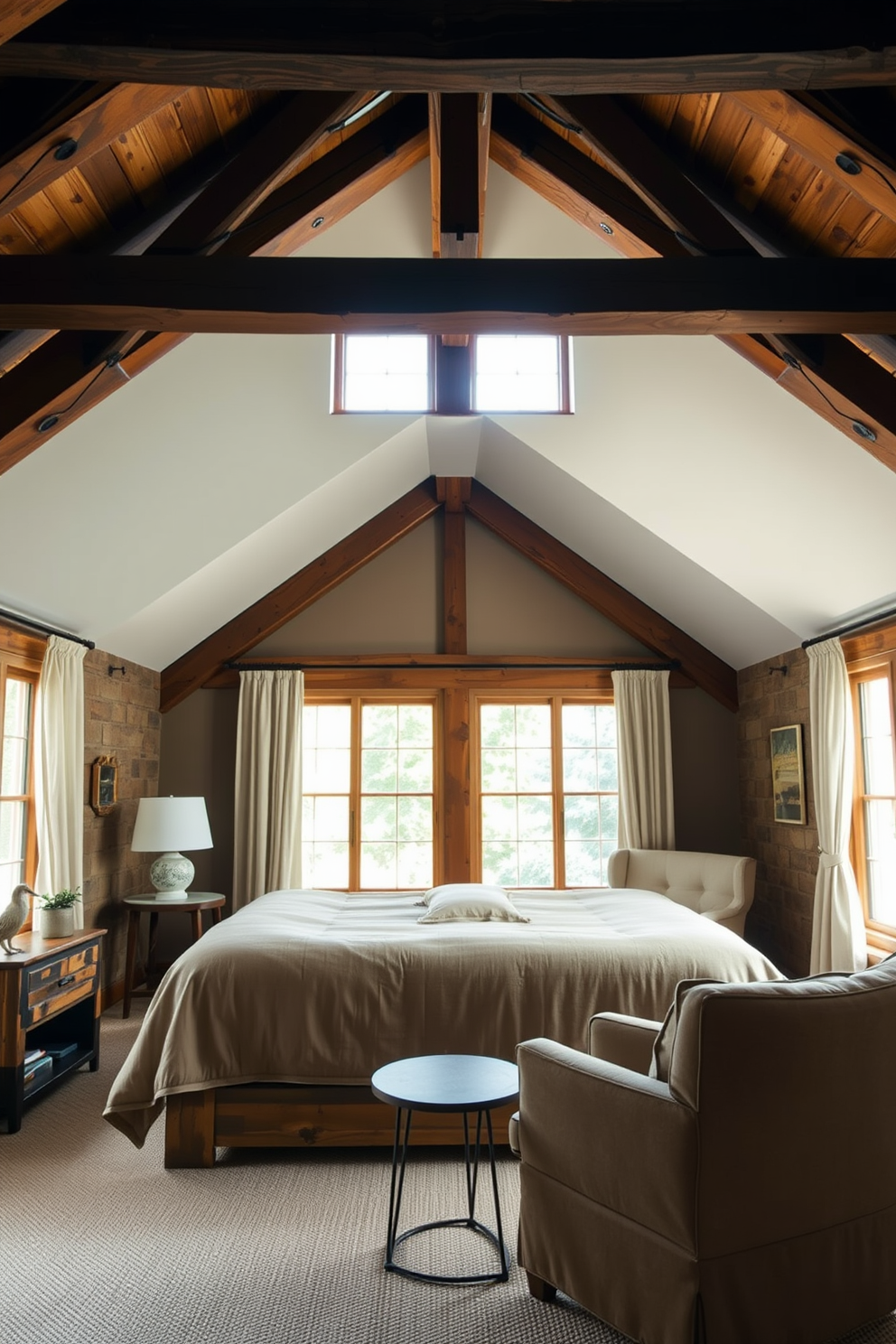 A rustic bedroom featuring exposed wooden beams that enhance the ceiling height. The room is adorned with a king-sized bed dressed in earthy tones, complemented by a reclaimed wood nightstand on one side. Natural light floods in through large windows framed with sheer linen curtains. A cozy seating area with a plush armchair and a small wooden coffee table is nestled in one corner, inviting relaxation.