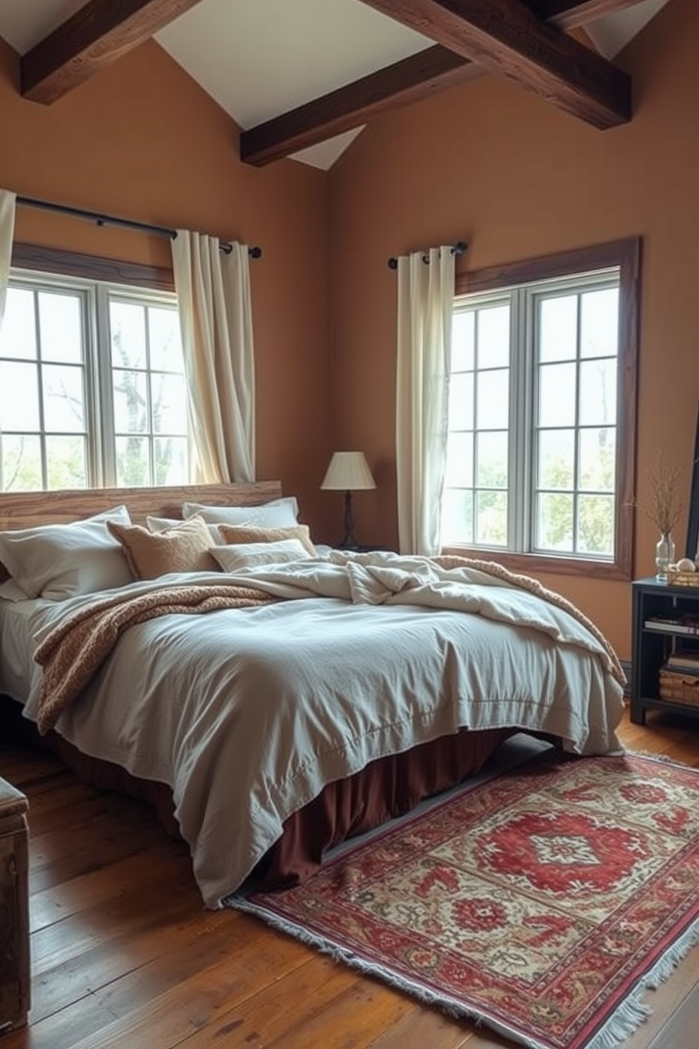 Layered bedding creates a cozy and inviting atmosphere in a rustic bedroom. The bed features a mix of soft, textured blankets and plush pillows in earthy tones, complemented by a reclaimed wood headboard. Natural light floods the room through large windows adorned with linen curtains. The walls are finished in warm, neutral colors, and a vintage rug adds warmth to the wooden floor.