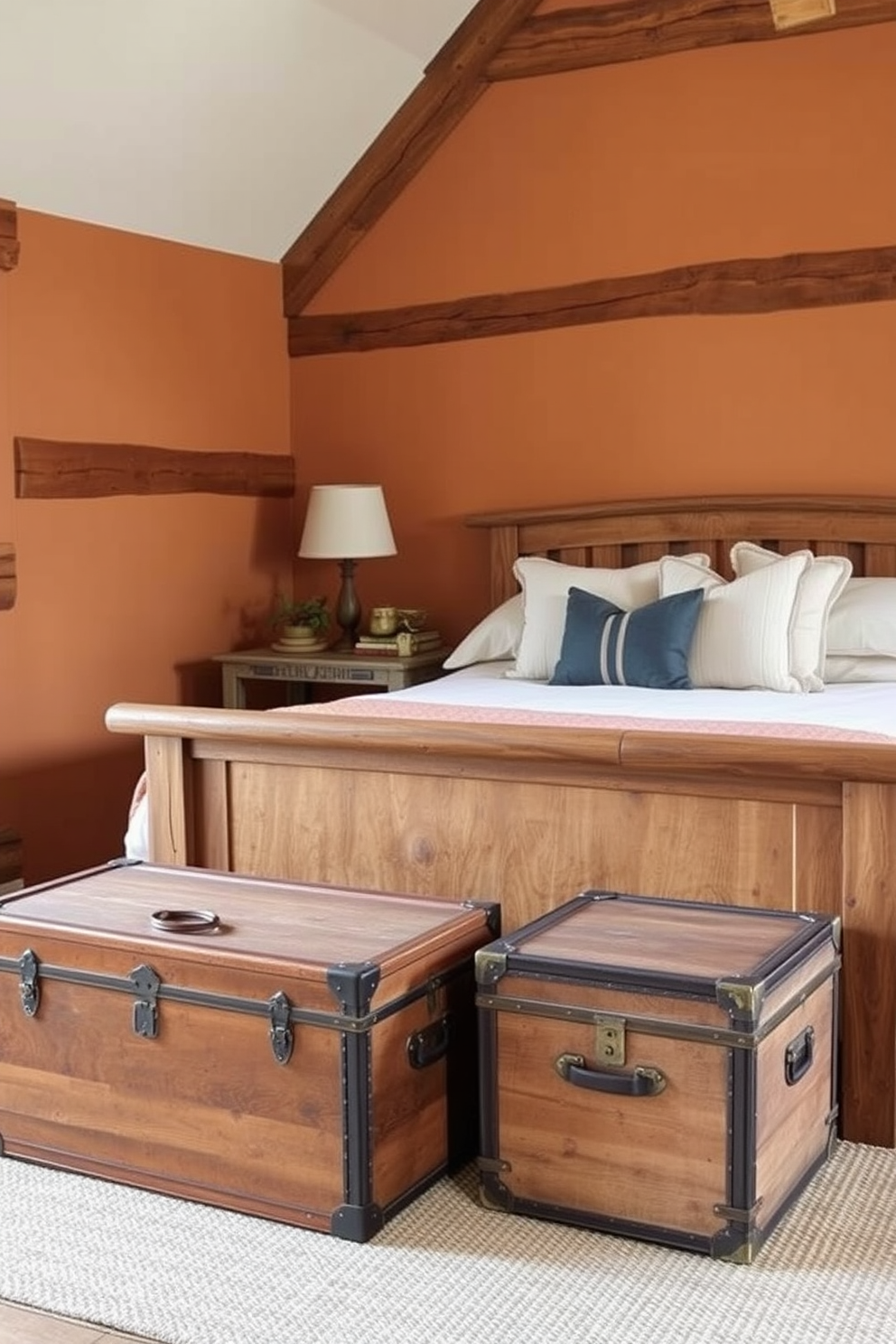 A rustic bedroom featuring vintage trunks used as stylish storage solutions. The trunks are placed at the foot of a wooden bed, surrounded by warm-toned walls and natural wood accents. Soft, cozy bedding complements the earthy color palette, while a woven rug adds texture to the space. A bedside table made from reclaimed wood holds a vintage lamp, enhancing the room's charming aesthetic.