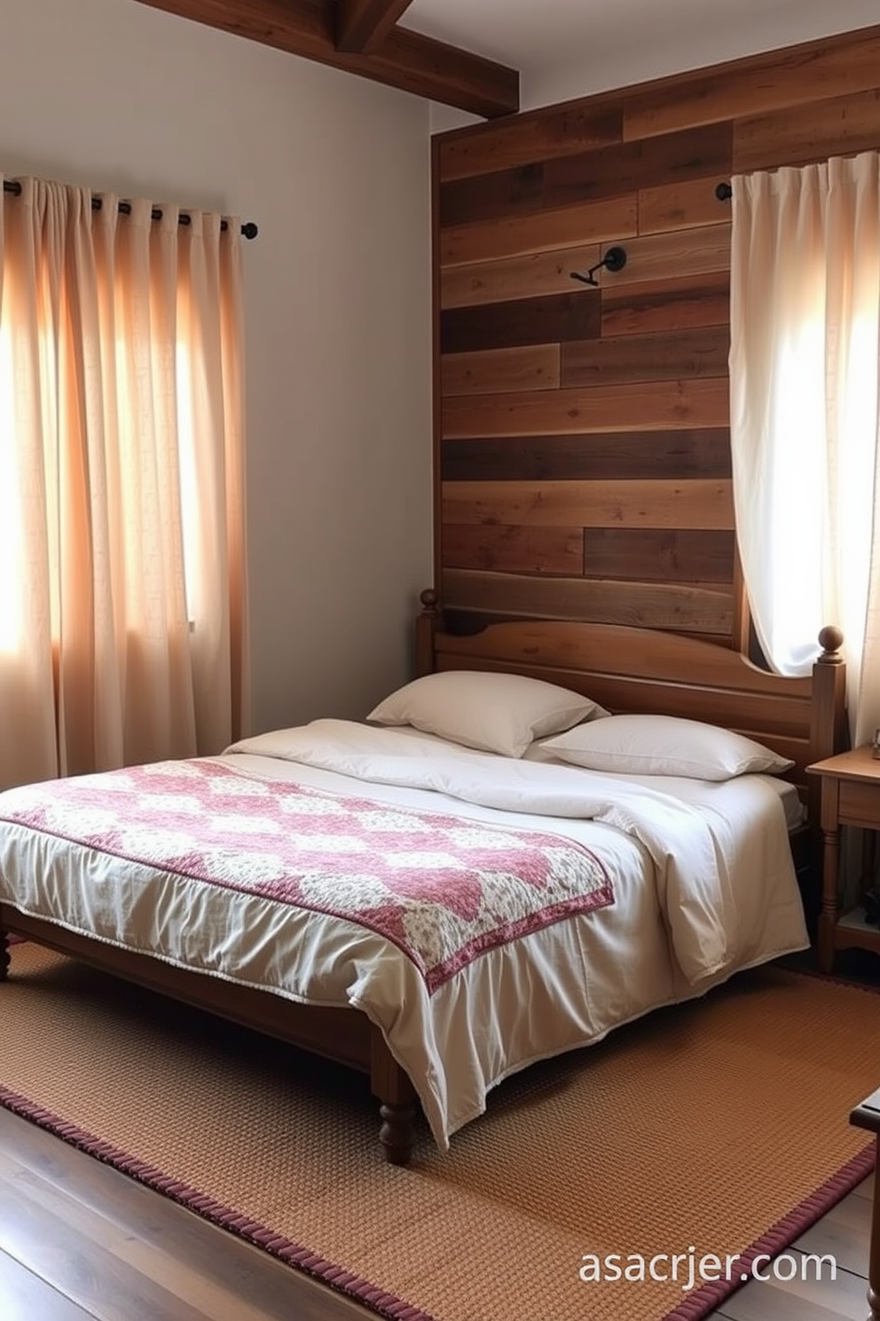 A cozy rustic bedroom featuring neutral curtains that gently filter the light. The walls are adorned with reclaimed wood paneling, and a plush bed dressed in soft linens invites relaxation. A vintage wooden bed frame serves as the centerpiece, complemented by a handmade quilt. A warm area rug lies beneath the bed, adding texture and comfort to the space.