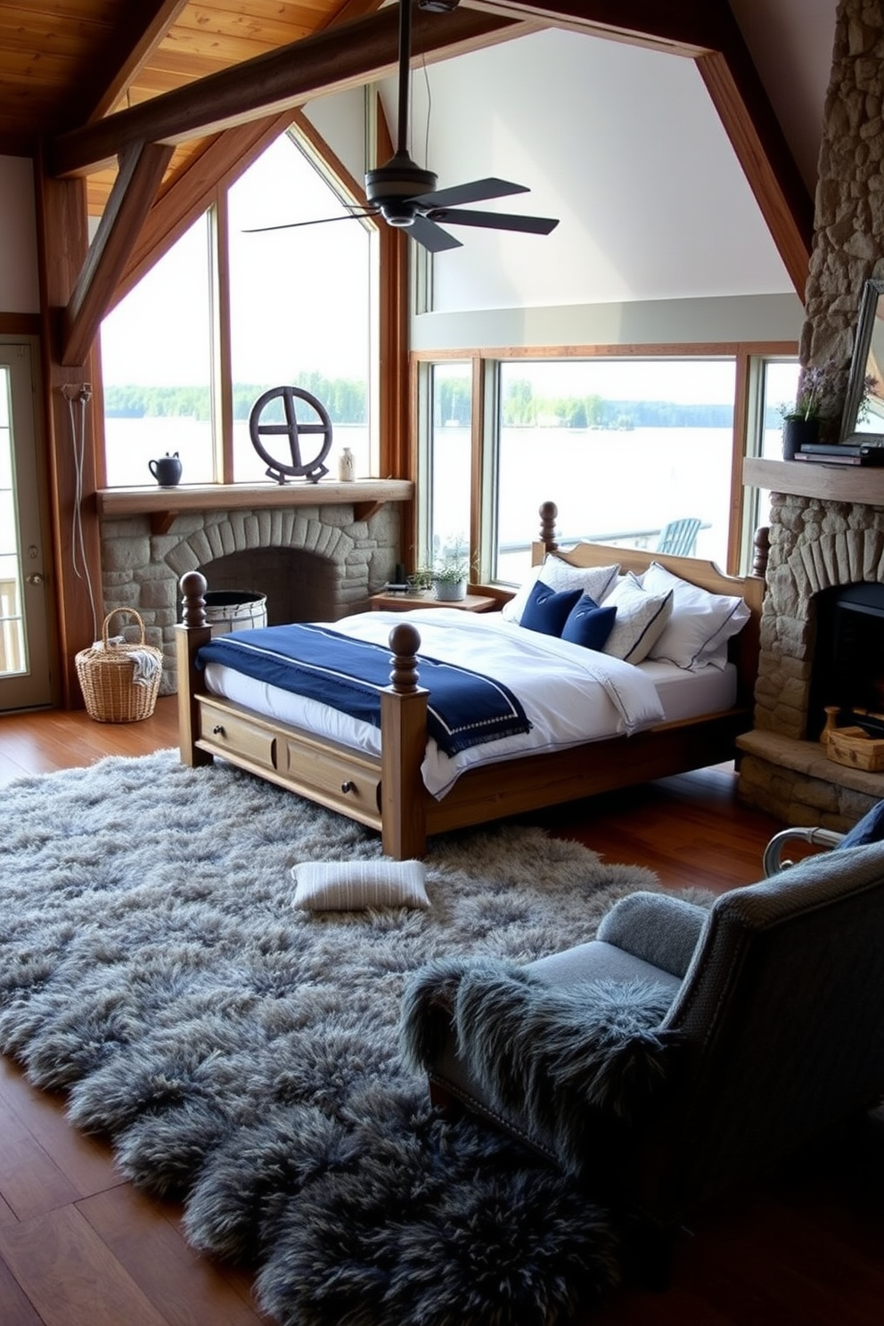 A serene lakeside retreat featuring nautical elements. The space includes a weathered wood bed with crisp white linens and navy blue accents, while a large window offers a view of the tranquil water. Rustic bedroom design ideas that embrace warmth and coziness. The room showcases reclaimed wood beams, a stone fireplace, and a plush, oversized rug that invites relaxation.