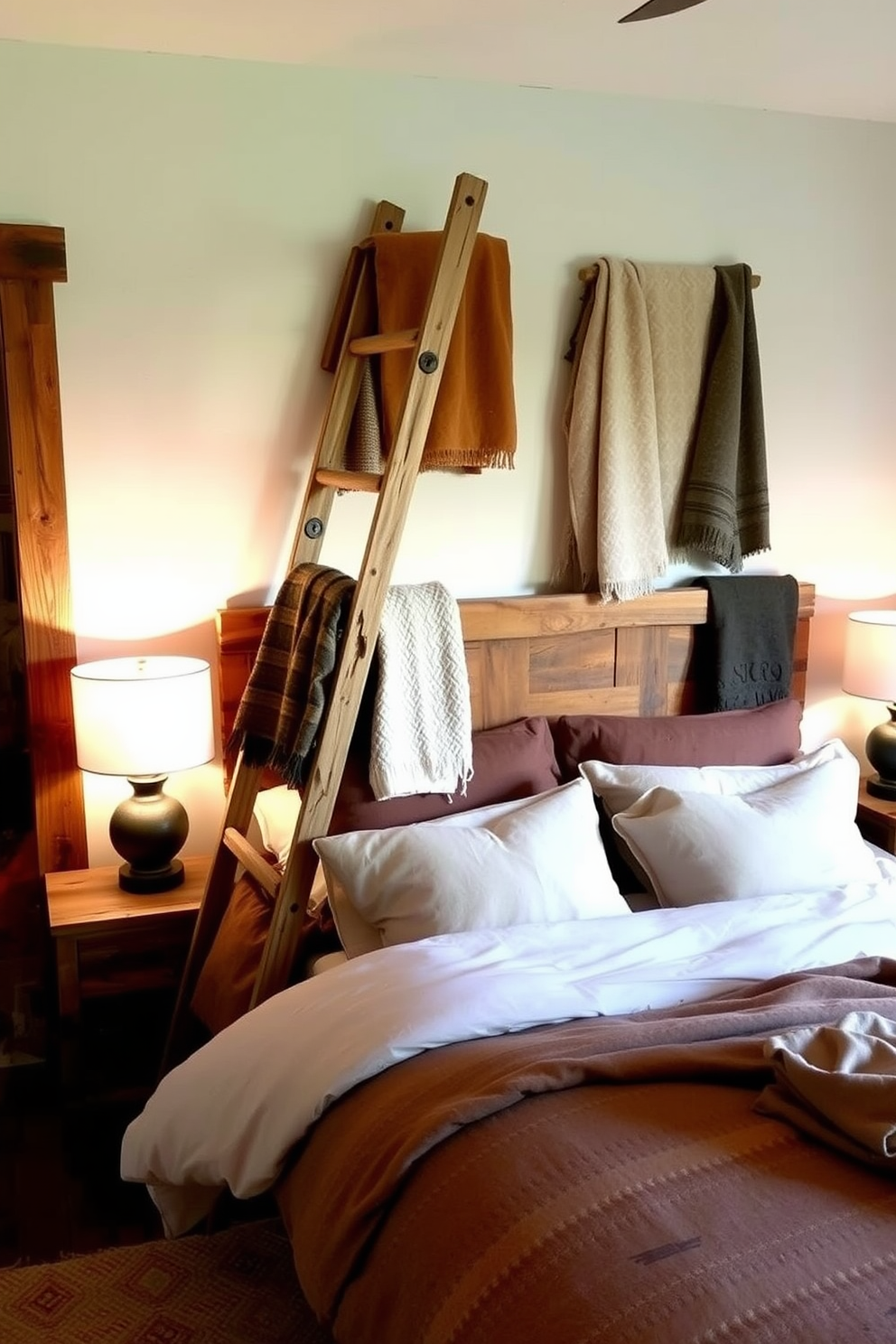 A cozy rustic bedroom filled with natural light. Soft linen curtains drape gracefully from the windows, creating an airy and inviting atmosphere. The room features a wooden bed frame adorned with plush bedding in earthy tones. A distressed wooden dresser and a woven basket add to the rustic charm while providing functional storage.