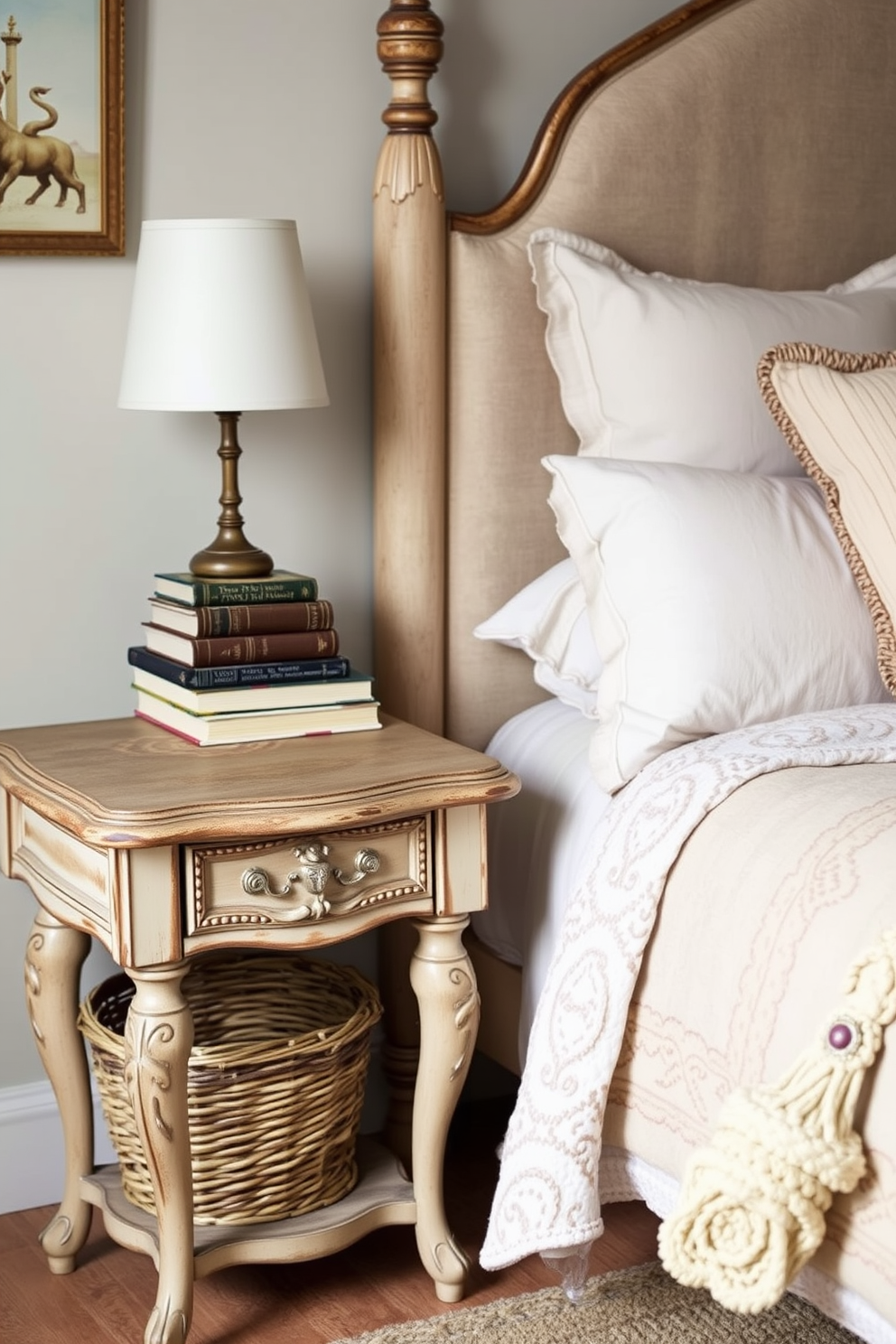 A rustic bedroom features a vintage trunk repurposed as a bedside table, adding character and charm to the space. The trunk is weathered and adorned with travel stickers, complementing the warm wood tones of the bed frame and surrounding furniture. Soft, earthy tones dominate the room with a cozy plaid blanket draped over the bed and a woven rug underfoot. Natural light filters through sheer curtains, highlighting the rustic decor elements like a reclaimed wood accent wall and handmade pottery.